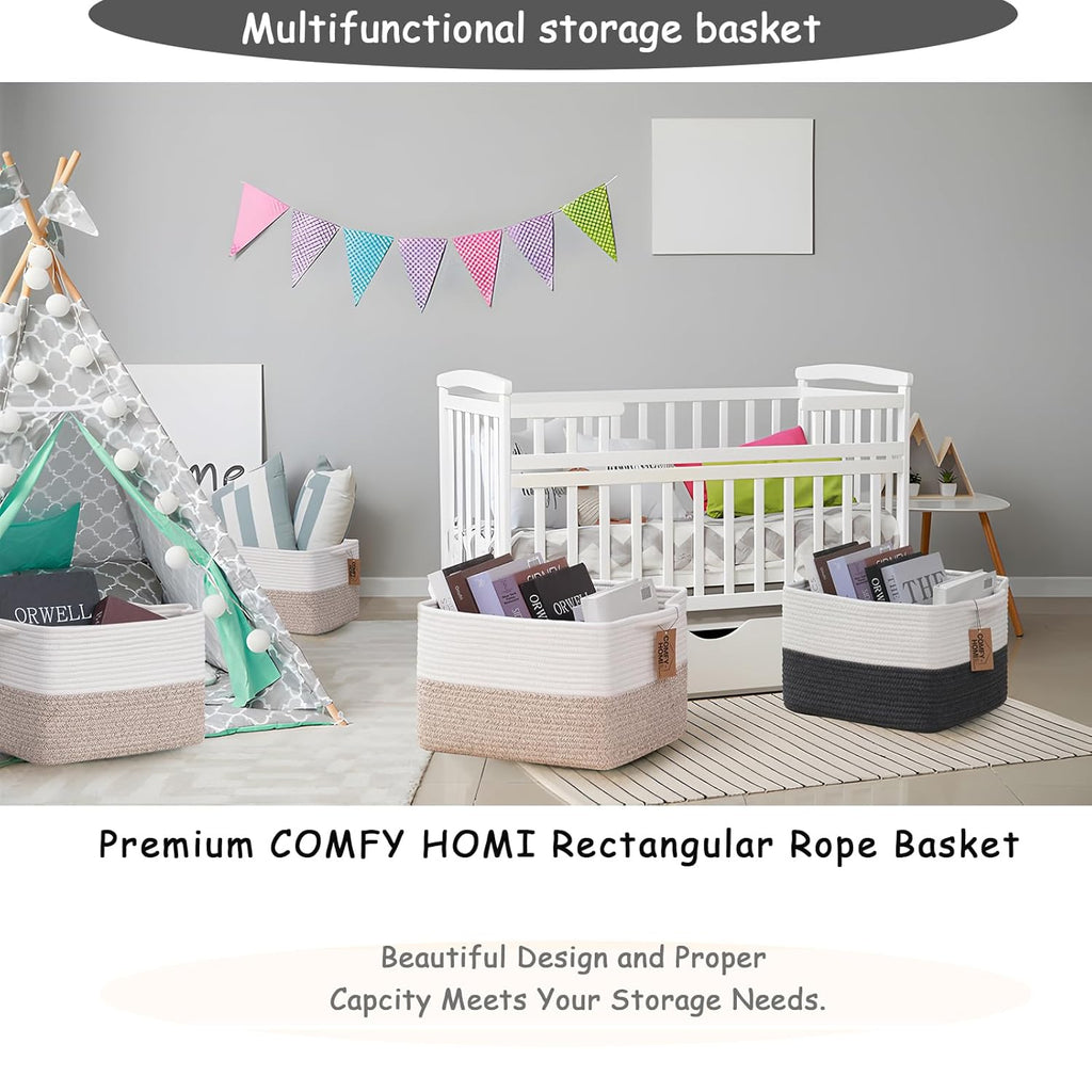 COMFY-HOMI 3-Pack Cotton Rope Woven Basket with Handles for Shelves, Books, Toys, Cloth Storage|Towel Storage|Nursery Baby Basket - 13.5" x 11" x 9.5" for Living Room (White/Brown)