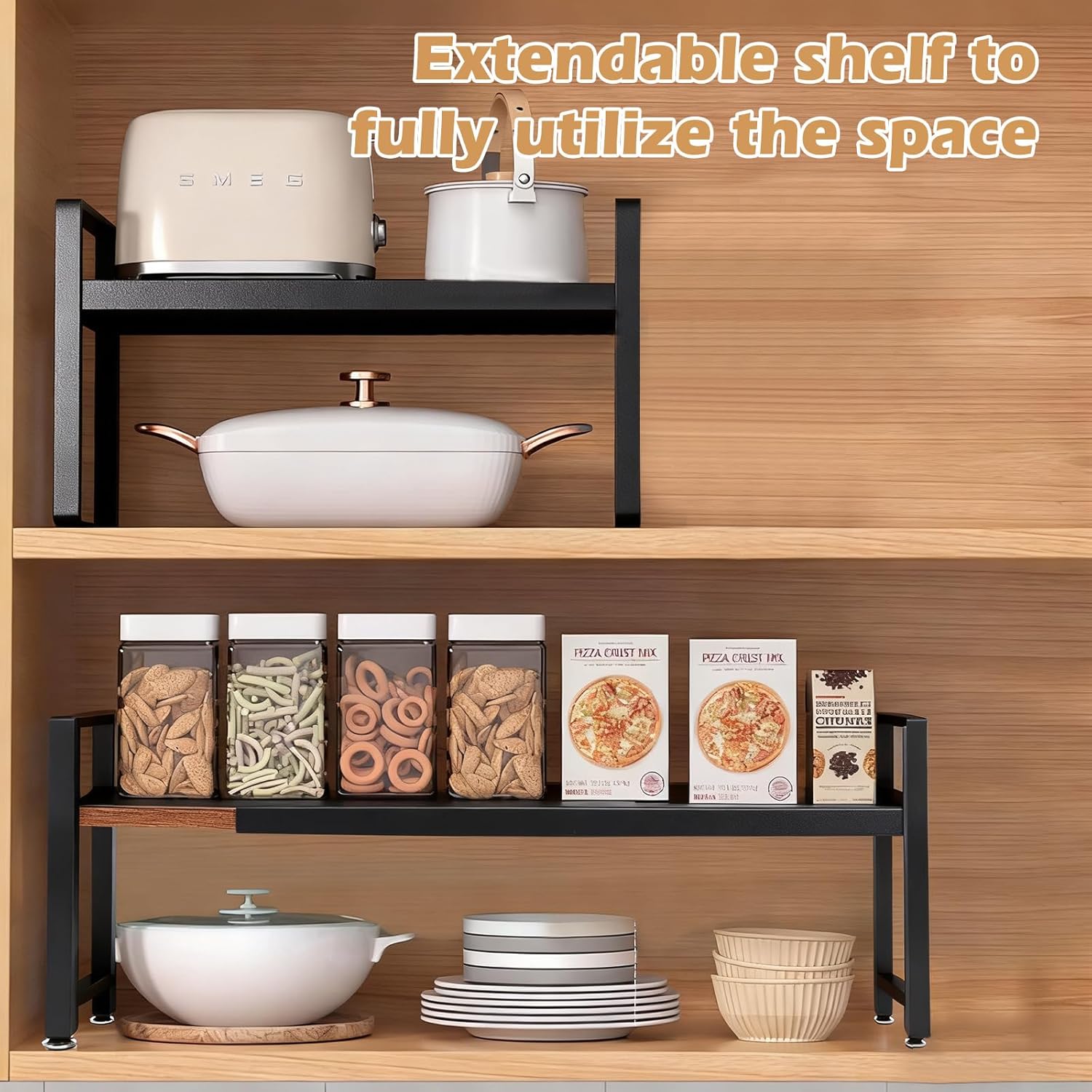 1 Pack Spice Racks, Expandable Adjustable Stackable Kitchen Organizer, Cabinet Shelf for Space-Saving, Counter Shelf for Cabinets, Countertop, Cupboard, Wood and Metal, Home kitchen Storage Rack