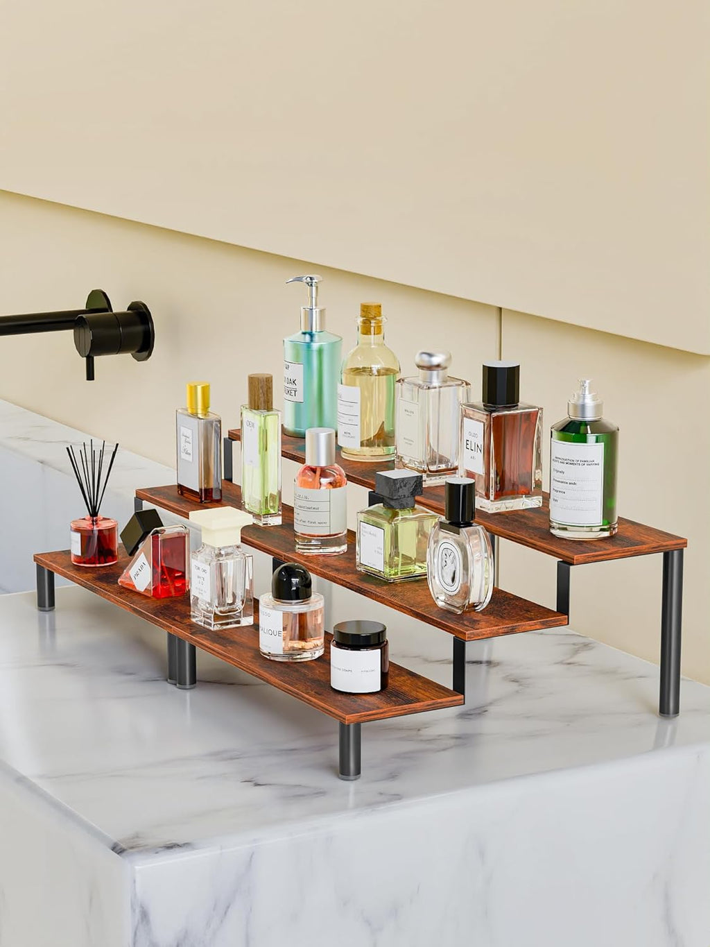 Set of 4 Wooden Display Stand Riser, 3 Tier Perfume Organizer Stand Cupcake Stand Holder, Tiered Display Stand Risers Display Shelf for Home and Shop (Black, 4 pcs)