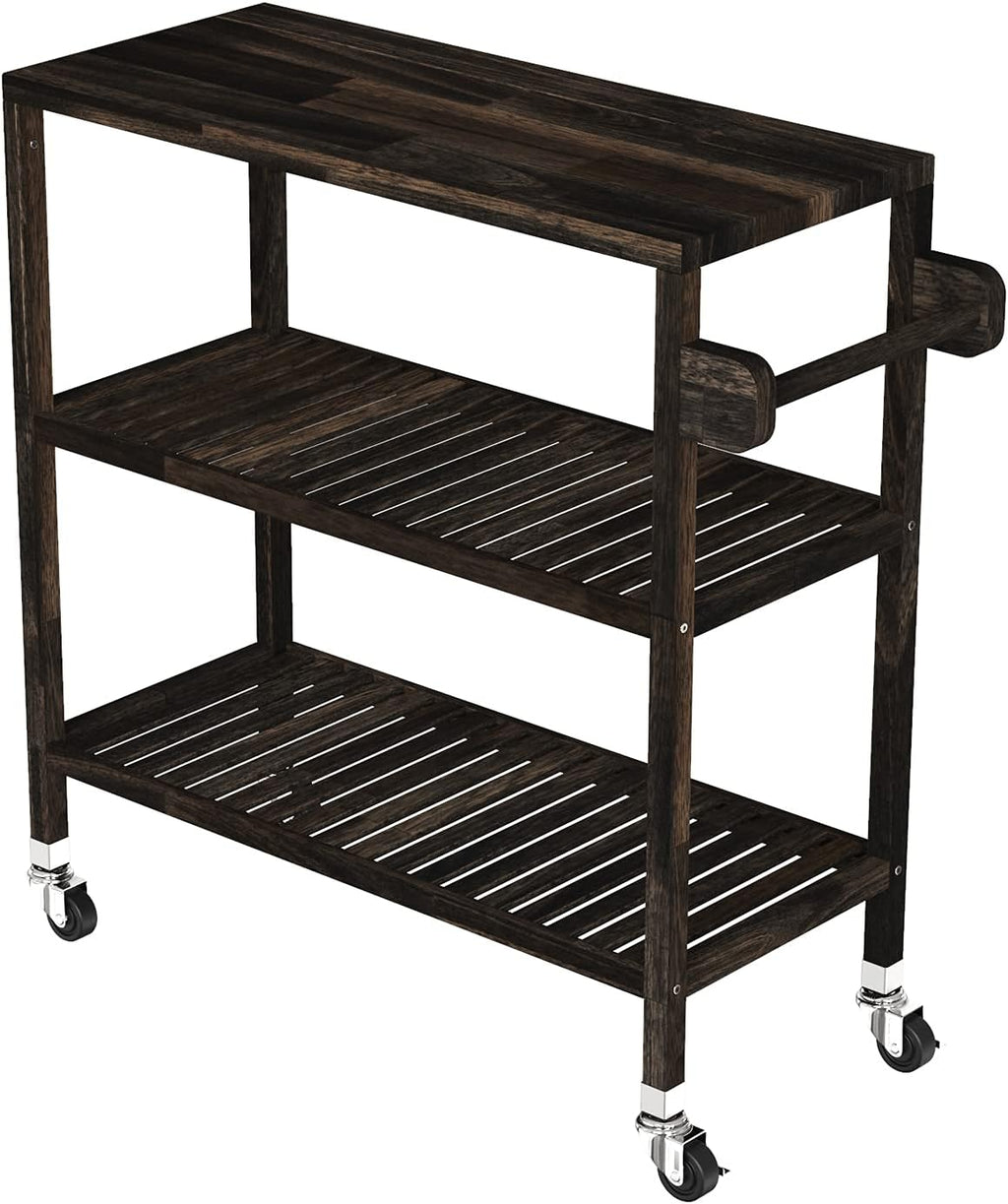 Interbuild 3 Tier Acacia Hardwood Kitchen Cart, Portable Rolling Trolley Cart Kitchen Storage Utility Cart with Towel Rack (Espresso)