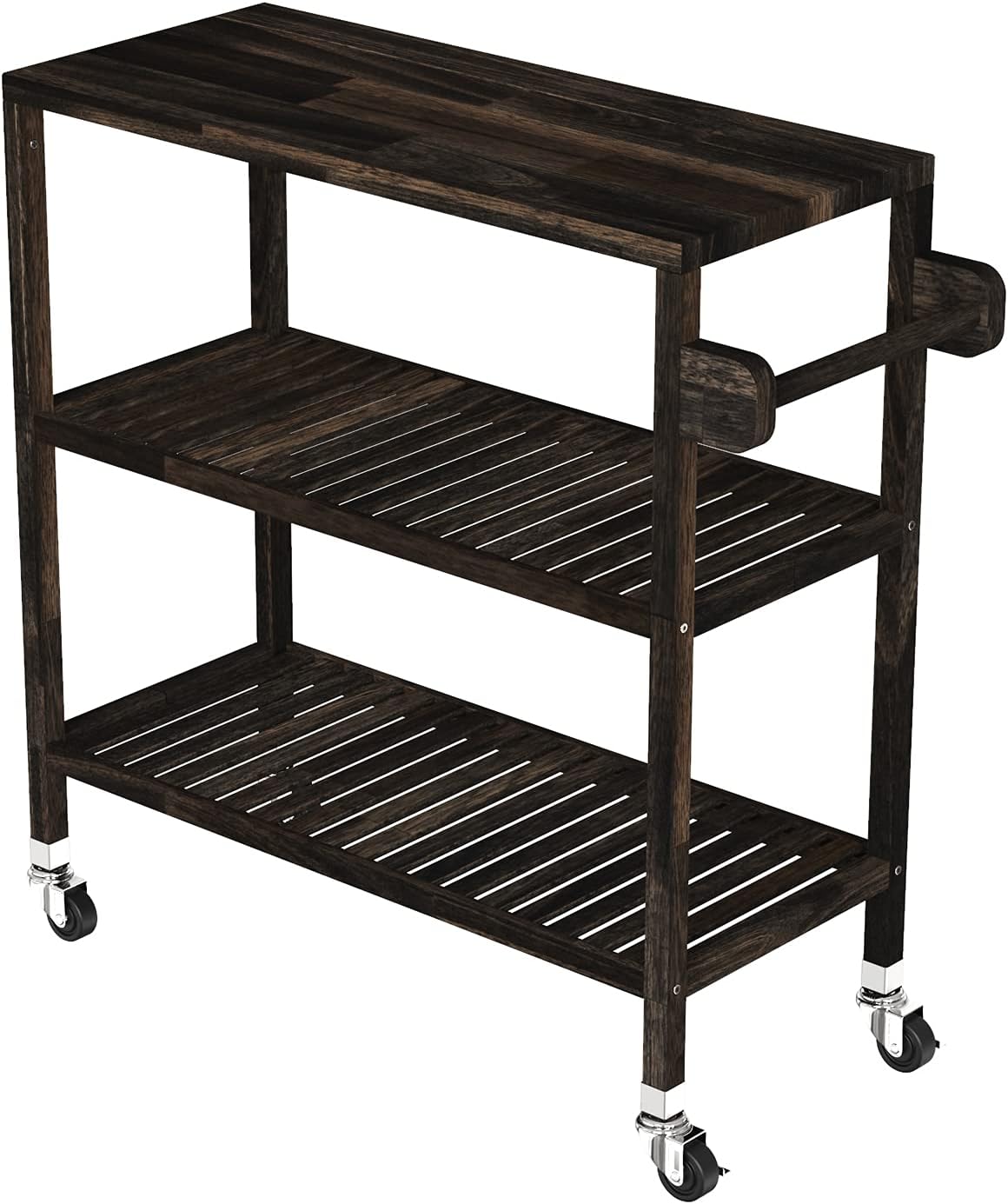 Interbuild 3 Tier Acacia Hardwood Kitchen Cart, Portable Rolling Trolley Cart Kitchen Storage Utility Cart with Towel Rack (Espresso)