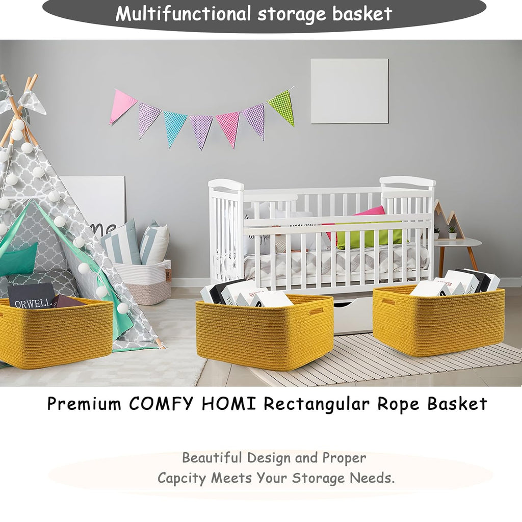 COMFY-HOMI 2 pcs Large Storage Baskets for Shelves, Laundry Basket, Woven Rope Basket, Closet Organizer Bins for Clothes Blanket Towels, Baby Nursery, Gift Toy Baskets, 17” x 13” x 7.5”-Yellow