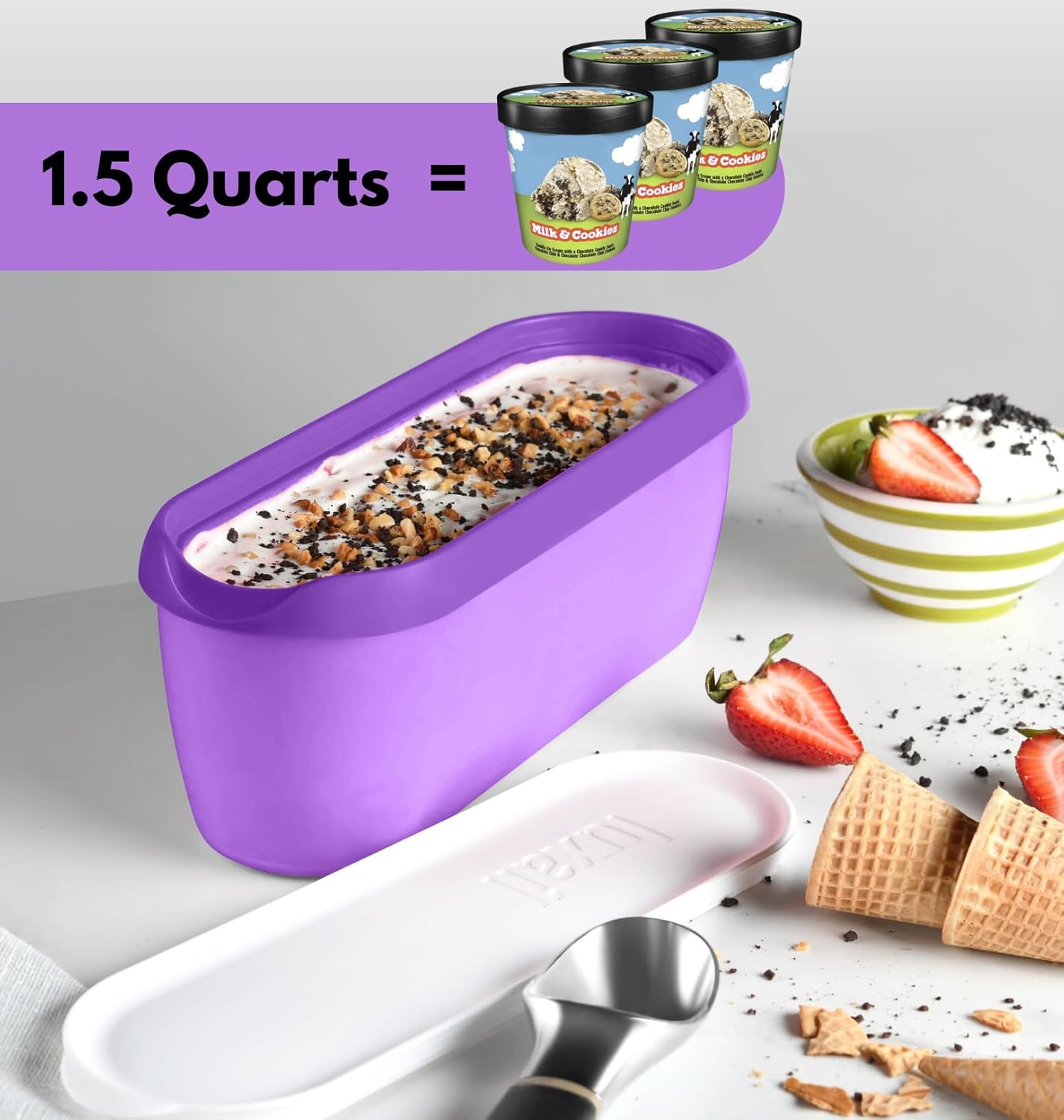 Ice Cream Containers for Homemade Ice Cream,Reusable Storage Freezer Ice Cream Container with Lids, 1.5 Quart Tub, Purple and Lavender, Hand Wash