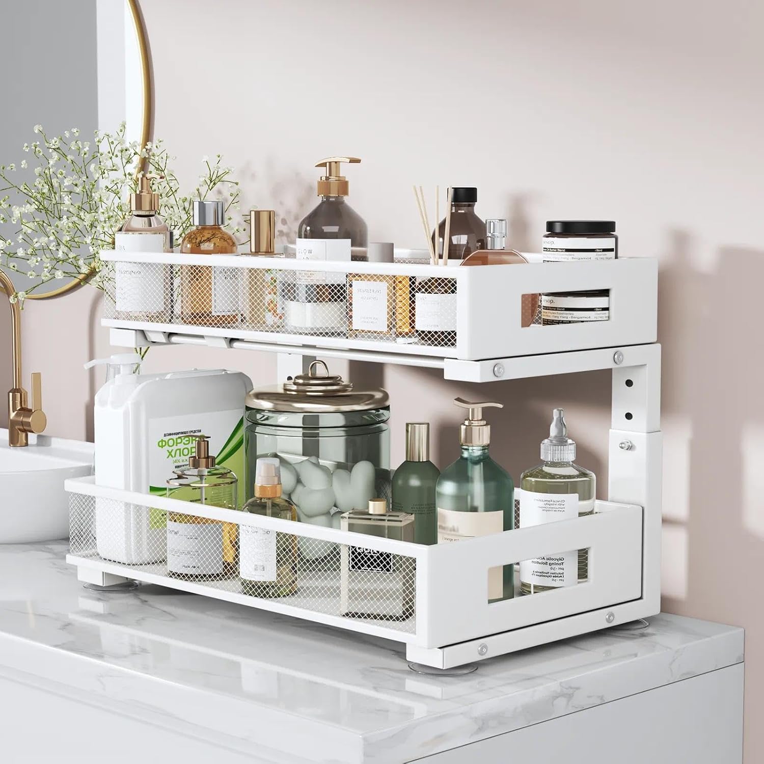 1 Pack 19IN Depth Under Sink Organizer, 2-Tier Pull Out Cabinet Organizer With Smooth Circular Rail, Large Capacity Metal Mesh Sliding Drawers For Bathroom& Kitchen Storage,Height Adjustable –White