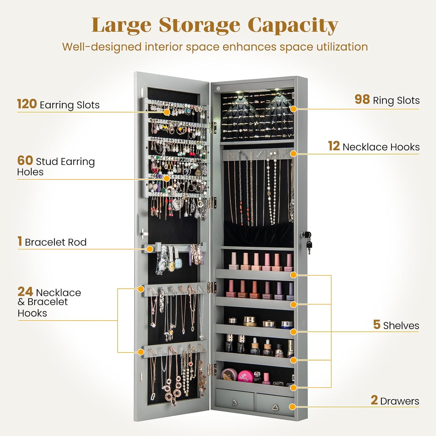 Giantex Wall or Door Mounted Jewelry Armoire with 47.5" Full Length Mirror, Lockable Cabinet with 2 LED Lights, 2 Drawers, Over the Door Large Jewelry Storage Organizer (Gray)