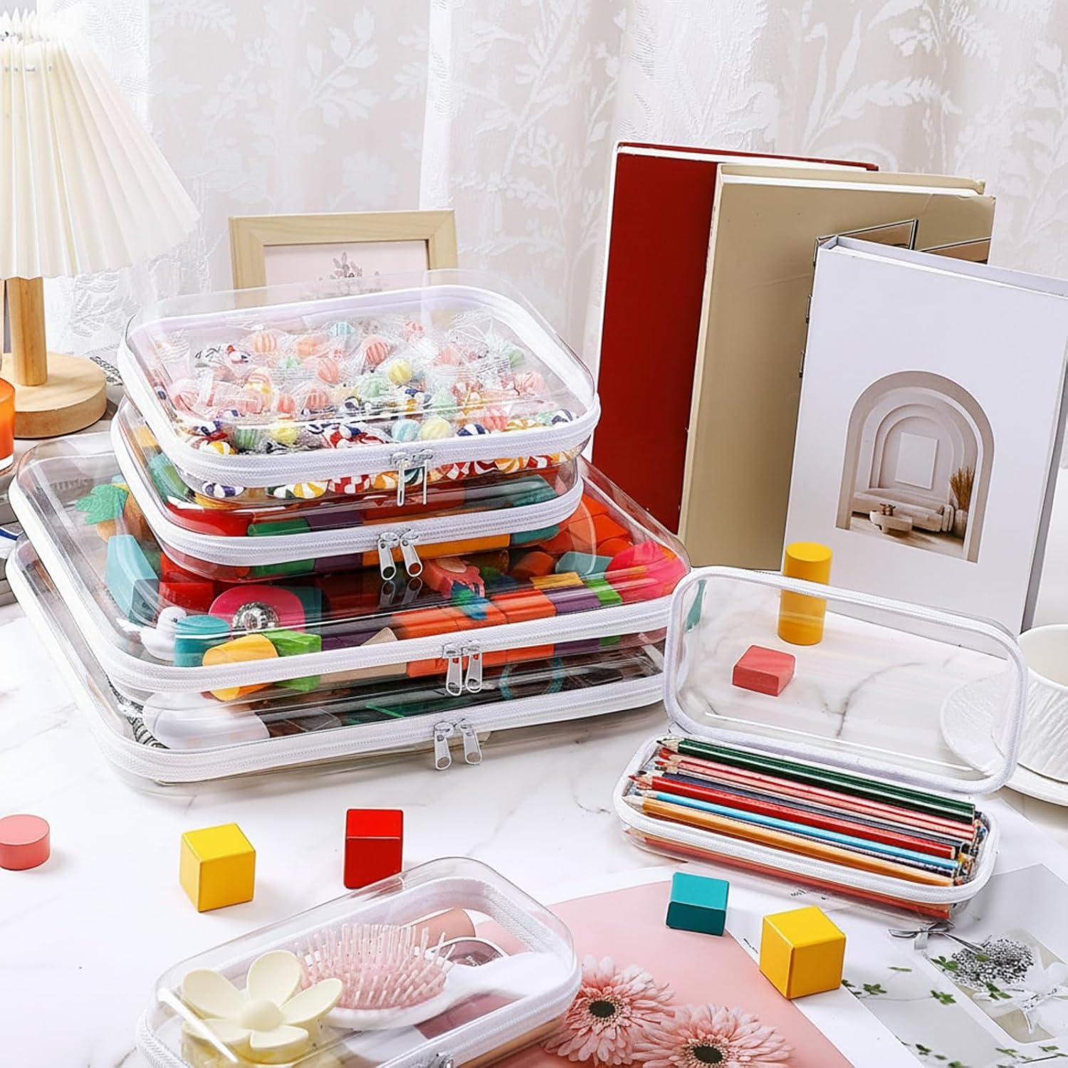 Sanwuta 6 Pcs Clear Hard Zipper Case Hard Plastic Zipper Pouches Transparent Makeup Bag Pencil Pouches for Travel Snacks Christmas Trinket Storage Organizer Box(Clear,Three Sizes)