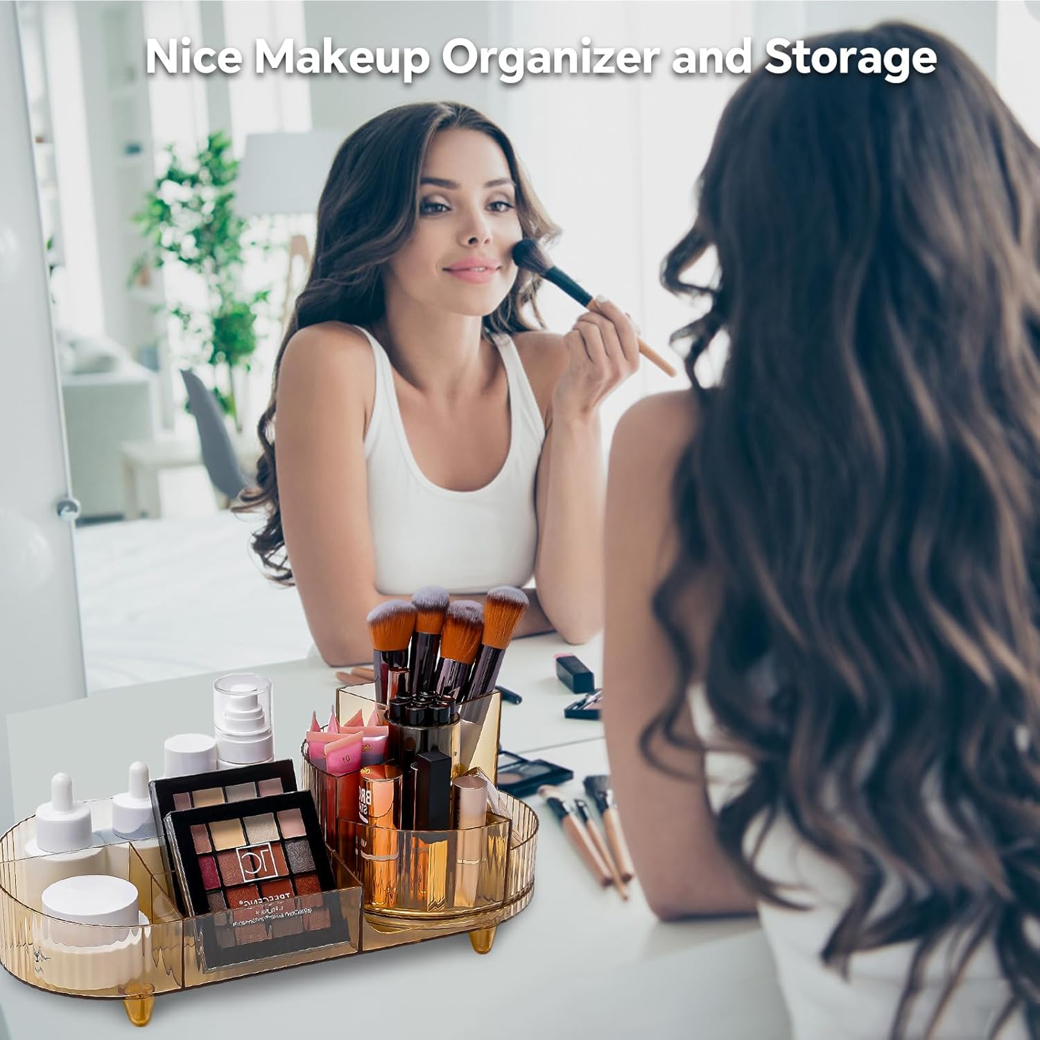 Cosmetic Makeup Storage Organizer, Countertop Makeup Perfume, Rotating Makeup Organizer for Vanity with Brush Holder, Lotions Display Case, Large Spinning Makeup Skincare Organizer (Transparent Gold)