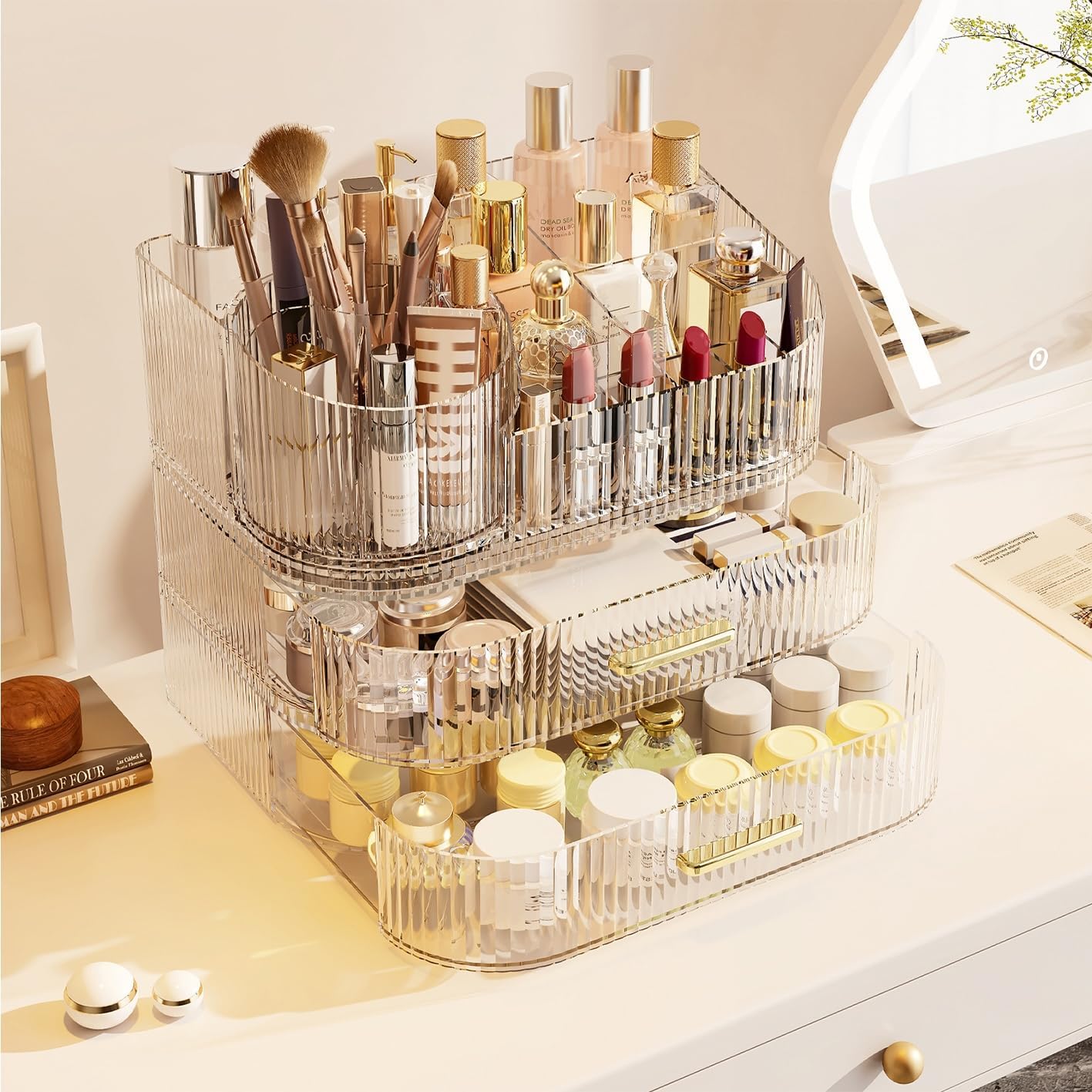 Makeup Organizer with Drawers and 360° Rotating Brush Holder, Large Capacity Cosmetic Storage for Vanity, Skincare, Perfume, Hair Accessories, Lipstick & Jewelry (Clear, 3-layer)