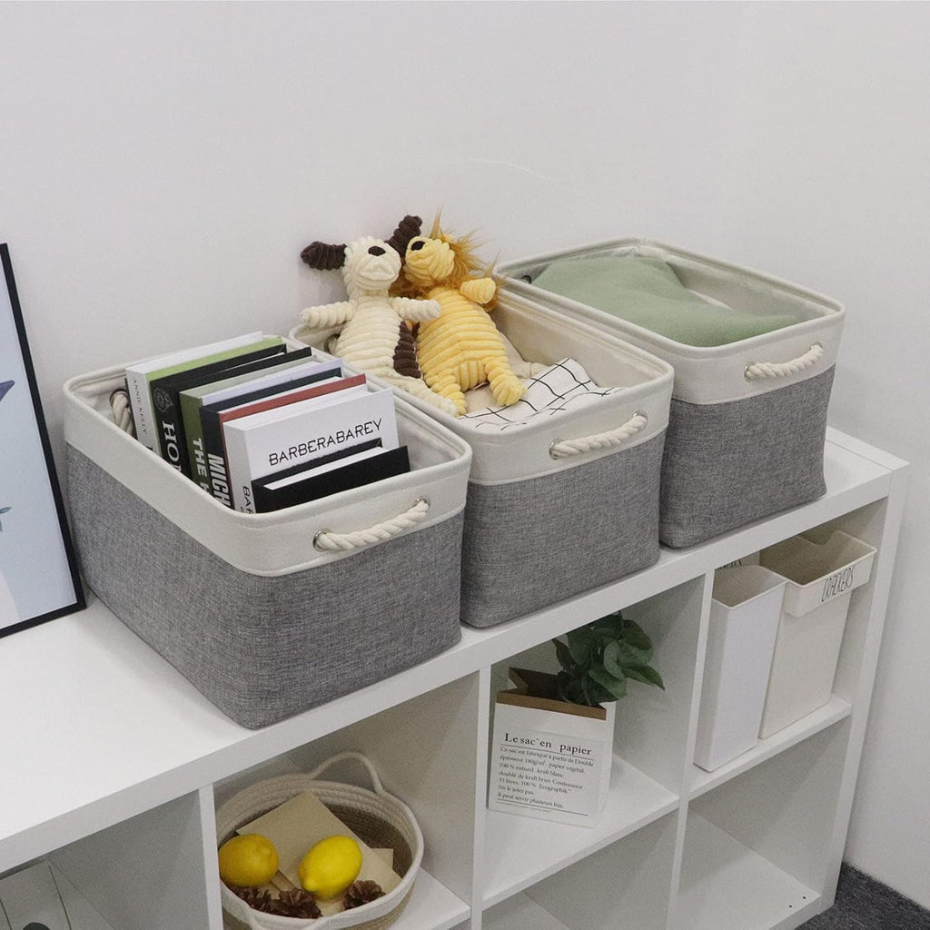 Bidtakay Baskets Set of 3 Storage Baskets for Organizing Large Fabric Storage Bins for Shelves Decorative Canvas Bins Collapsible Empty Baskets for Closet,Nursery,Clothes,Toys,Shoes(White&Grey)