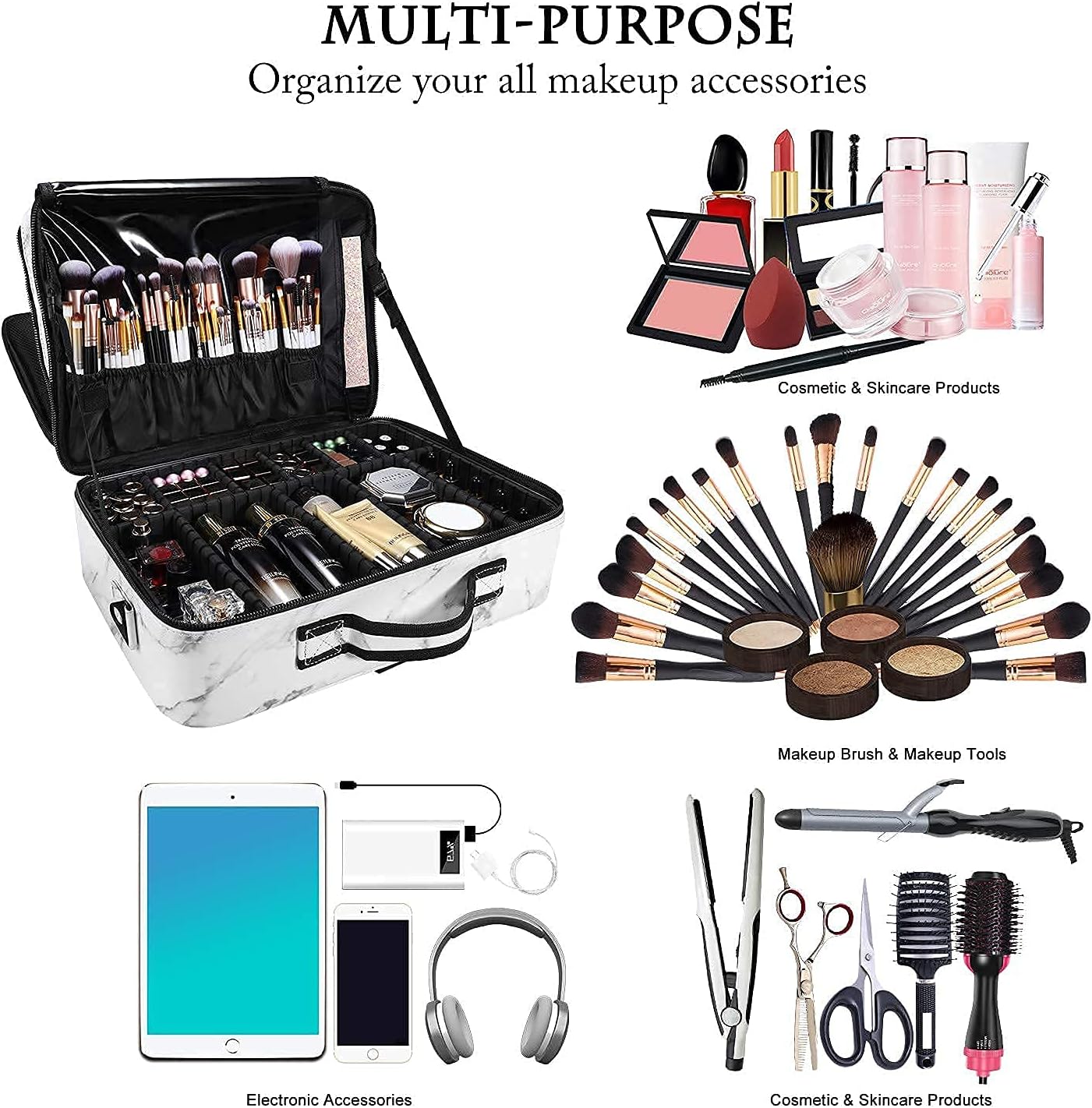 JOURMON Travel Makeup Train Case,Large Capacity Cosmetic Bags for Women,Portable Makeup Bag Organizer with Adjustable Dividers & Shoulder Strap(Marble White, Large)