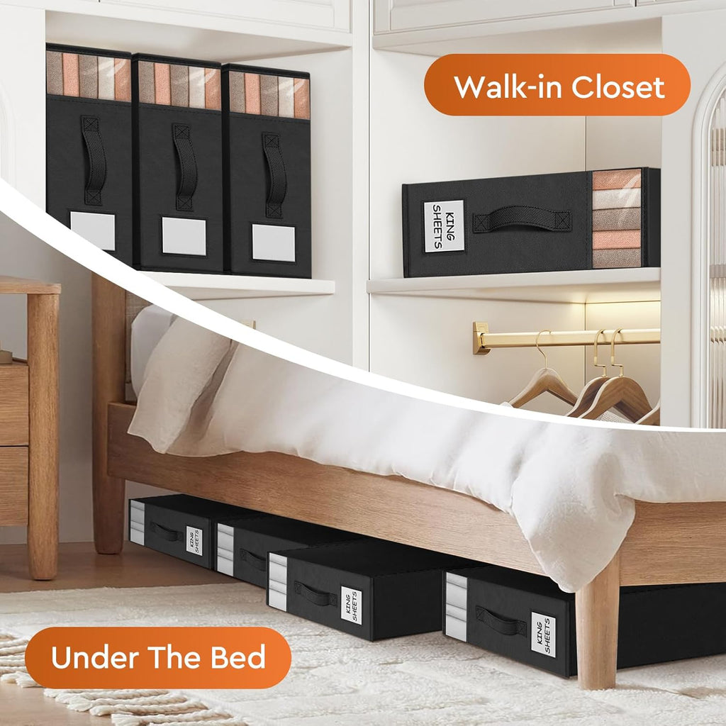 6 Pack Bed Sheet Closet Organizers and Storage,Sturdy Foldable Storage Containers with Window and Label,Storage and Organization for Bedding Sheets,Duvet Covers,Blankets (Black)