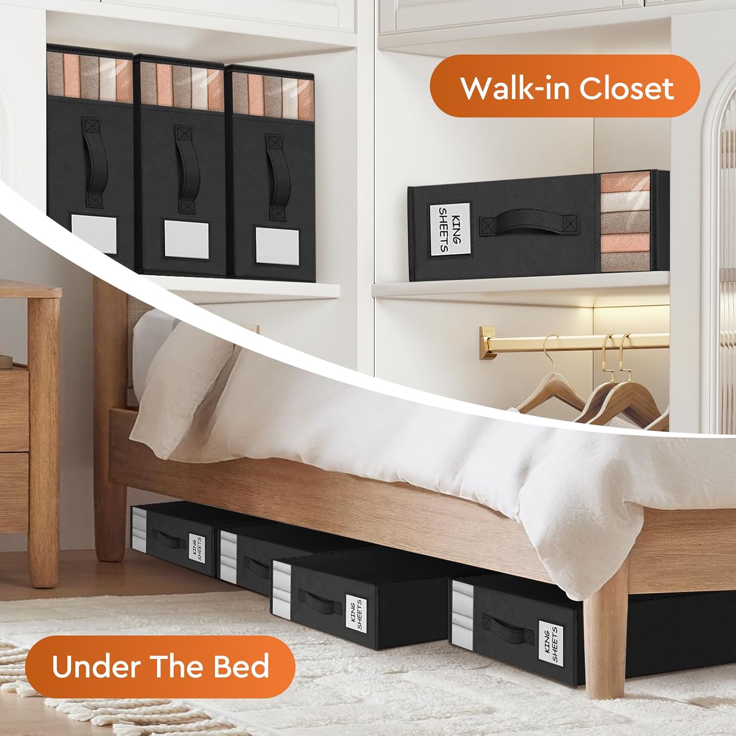 6 Pack Bed Sheet Closet Organizers and Storage,Sturdy Foldable Storage Containers with Window and Label,Storage and Organization for Bedding Sheets,Duvet Covers,Blankets (Black)