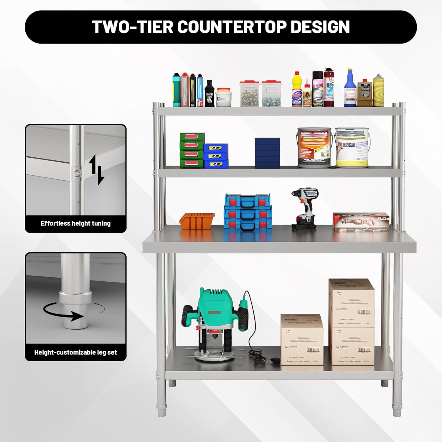 2-Tier Stainless Steel Commercial Work Table 47.2" W x 23.6" D x 31.5" H with Overshelf, Heavy Duty Kitchen Prep Table for Restaurant, Home Kitchen, Garage, Warehouse