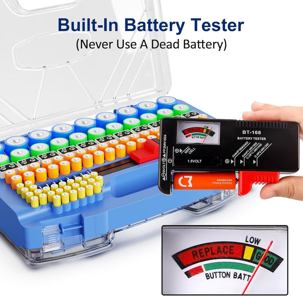 Battery Organizer Storage Holder Box Case with Tester, New Ultra-Large 285+Batteries Double-Sided Variety Pack, Holds AA AAA 4A C D 9V 3V Button Cell Lithium18650 CR2 CR123 CR1632 LR44 (Blue)