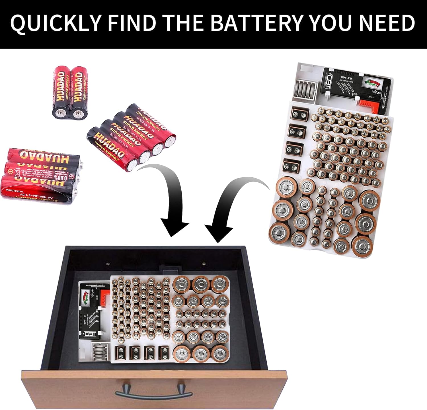 Battery Organizer Storage Box with Tester, Clear Lid Battery Organizer Storage Case, Holder Battery Carrying Case（Batteries are Not Included）