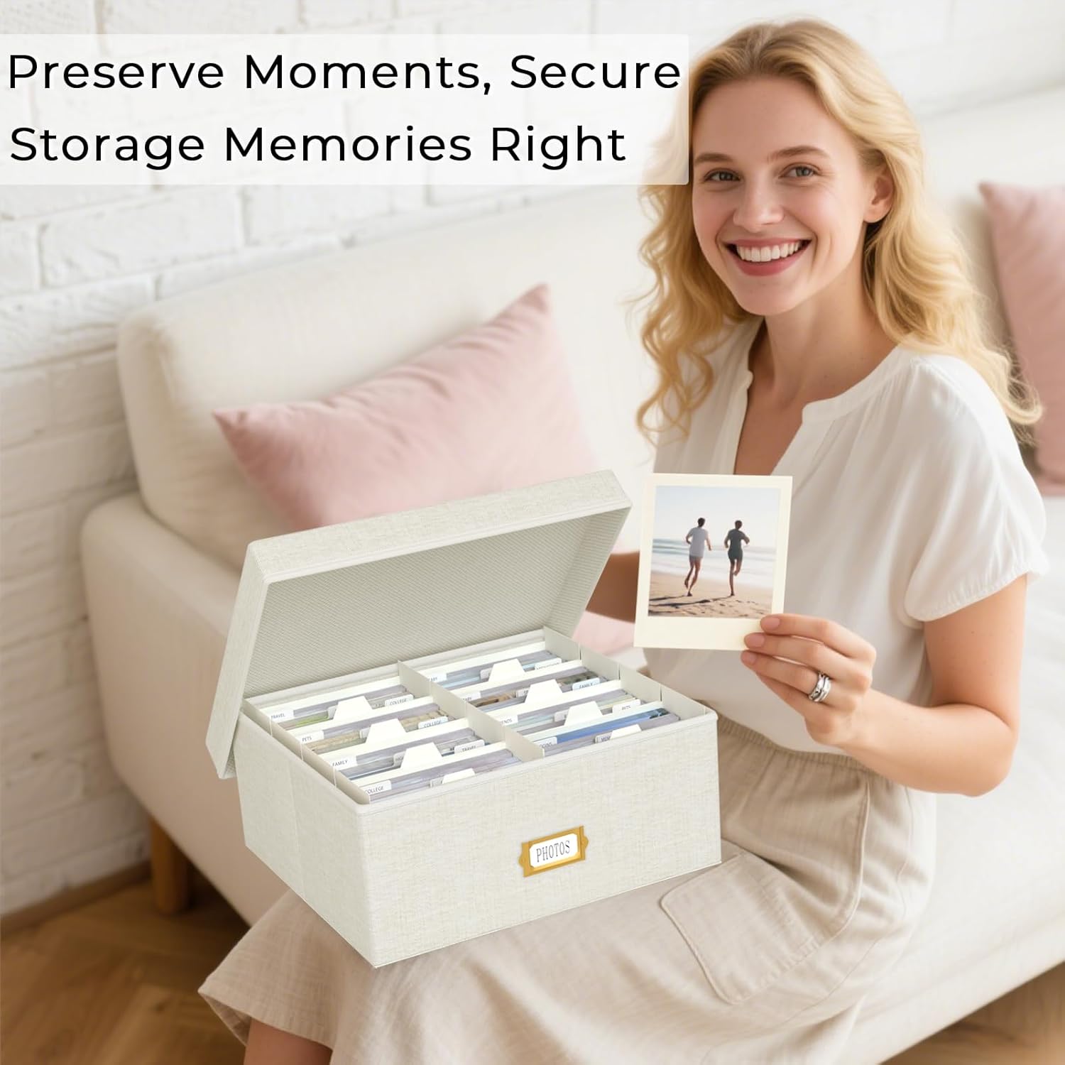 Decorative Photo Storage Box - Linen Photo Box Organizer with Dividers, Fits Holds Up to 1700 Pictures and 4x6 Photos, Memory Keepsake Organizer for Photos, Scrapbook Supplies, Cards, Stamps (Beige)