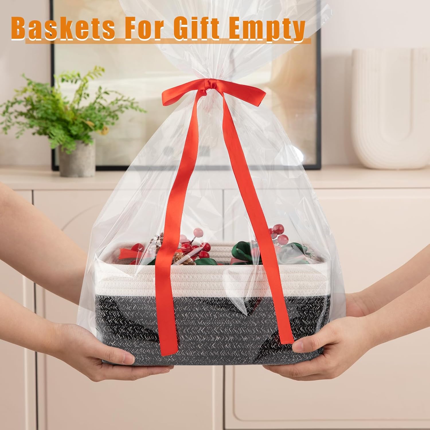 OIAHOMY 4 Pack Storage Baskets for Organizing, Small Bins for Shelves, Cute Decorative Storage Bins, Organizer Baskets for Gifts Empty, 11.8''Lx7.8''Wx4.7''H, Black/White