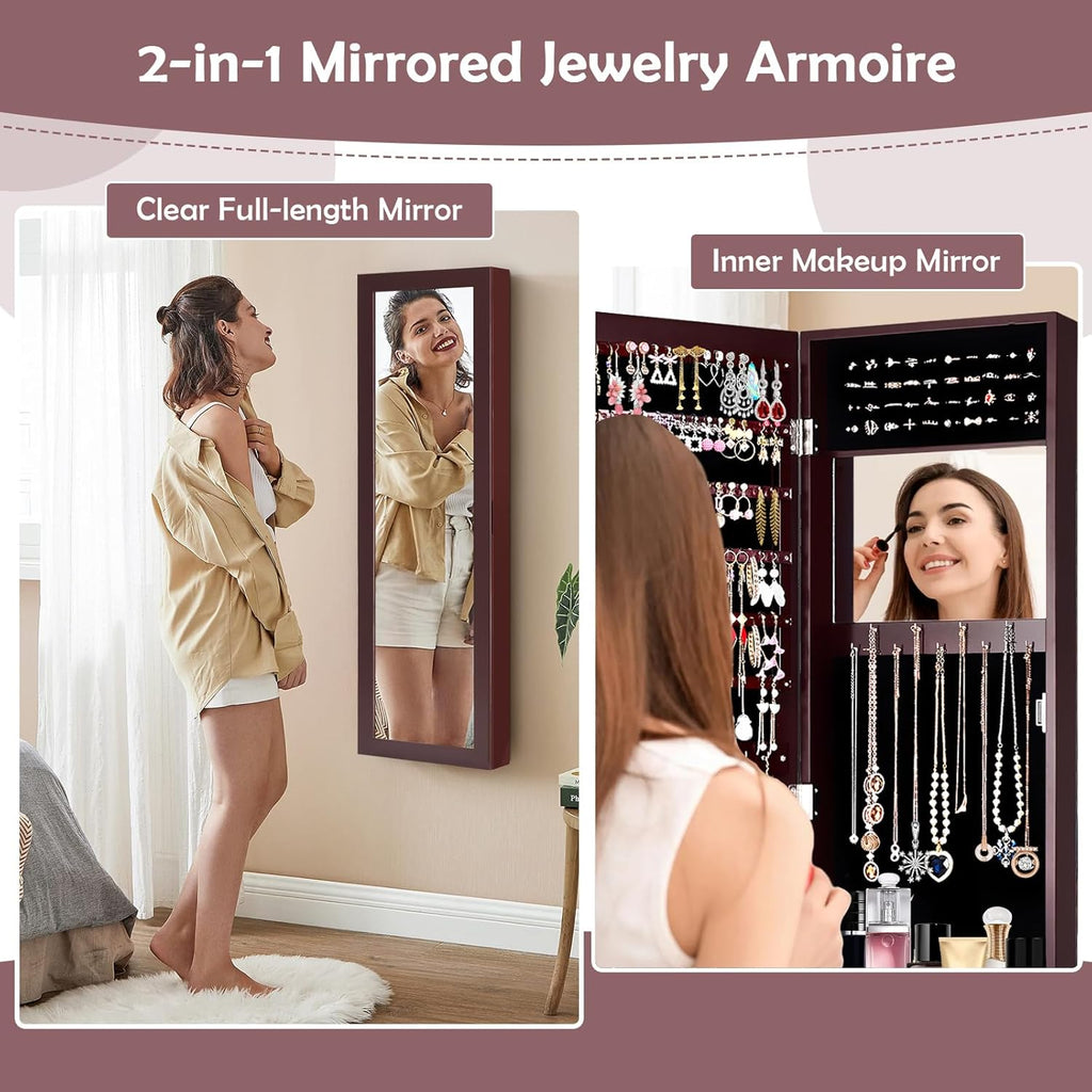 HAPPYGRILL Wall Mounted Jewelry Cabinet with Full Length Mirror, Over The Door Jewelry Organizer w/Built-in Makeup Mirror, Storage Shelves, Door Mounted Jewelry Armoire for Women, Girls (Brown)
