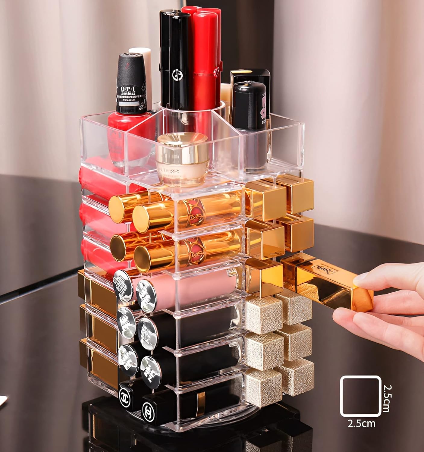 Sooyee 360 Degree Spinning Lipstick Organizer Holder 53 Spaces,Acrylic Cosmetic Display Cases for Lipstick, Brushes, Bottles, and more,Clear