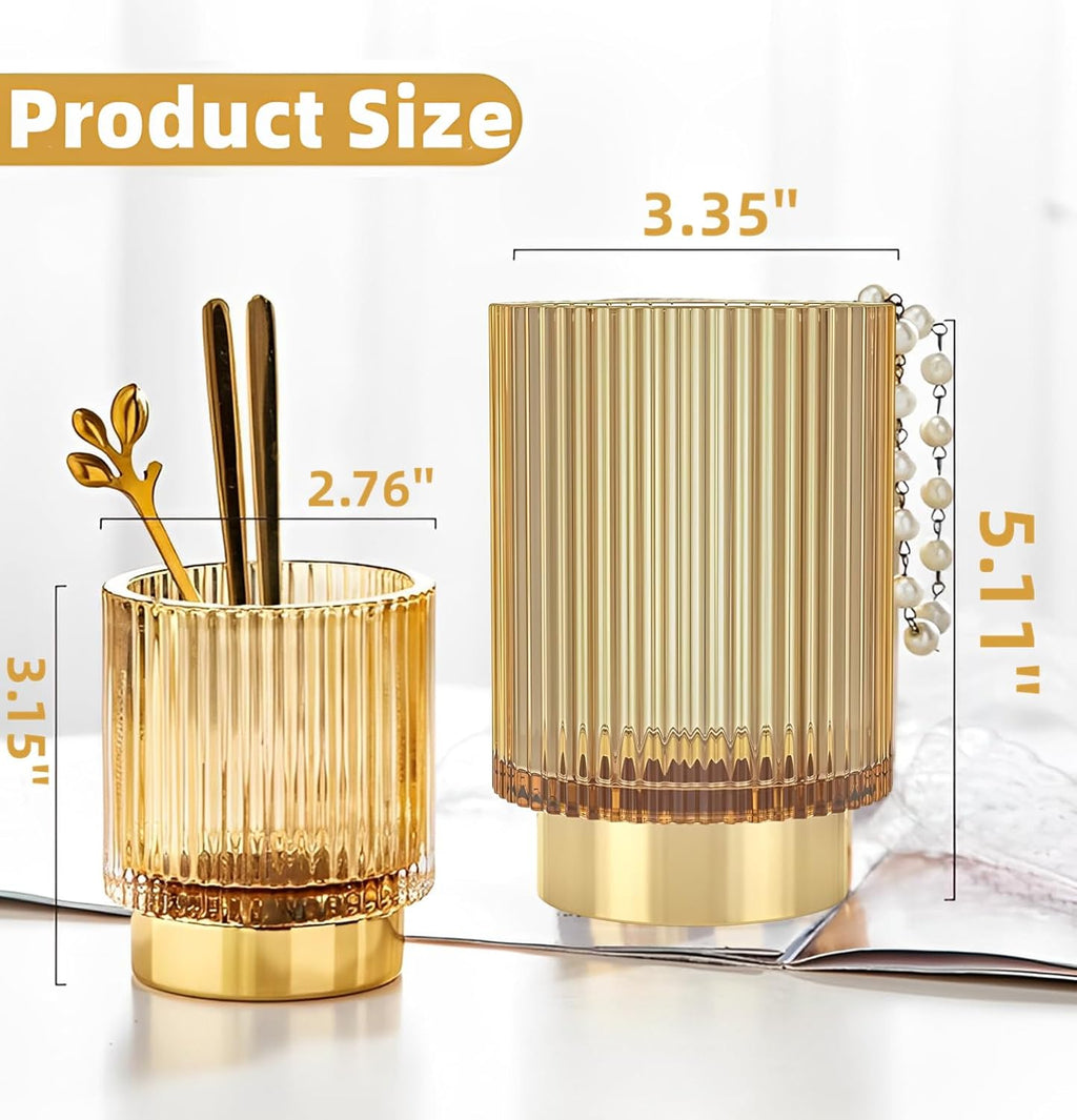 Makeup Brush Holder Organizer, Heavy Crystal Glass Brush Storage Holder, Vintage Cosmetic Make Up Bathroom Brushes Cup Pen Pencil Toothbrush Holder Striped Vase (Large (amber))