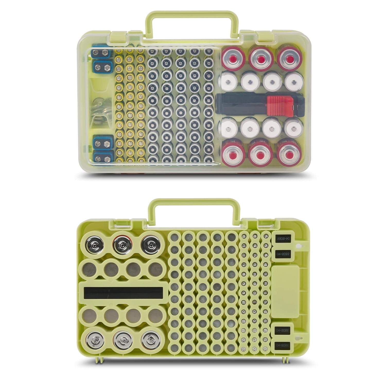 Battery Organizer Storage Case with Tester Checker. Batteries Holder Box Container for 120+ AA AAA 9V C D Lithium CR2025 CR1632 CR2032 Coin Cell Battery with Wall-Mounted Design -Green