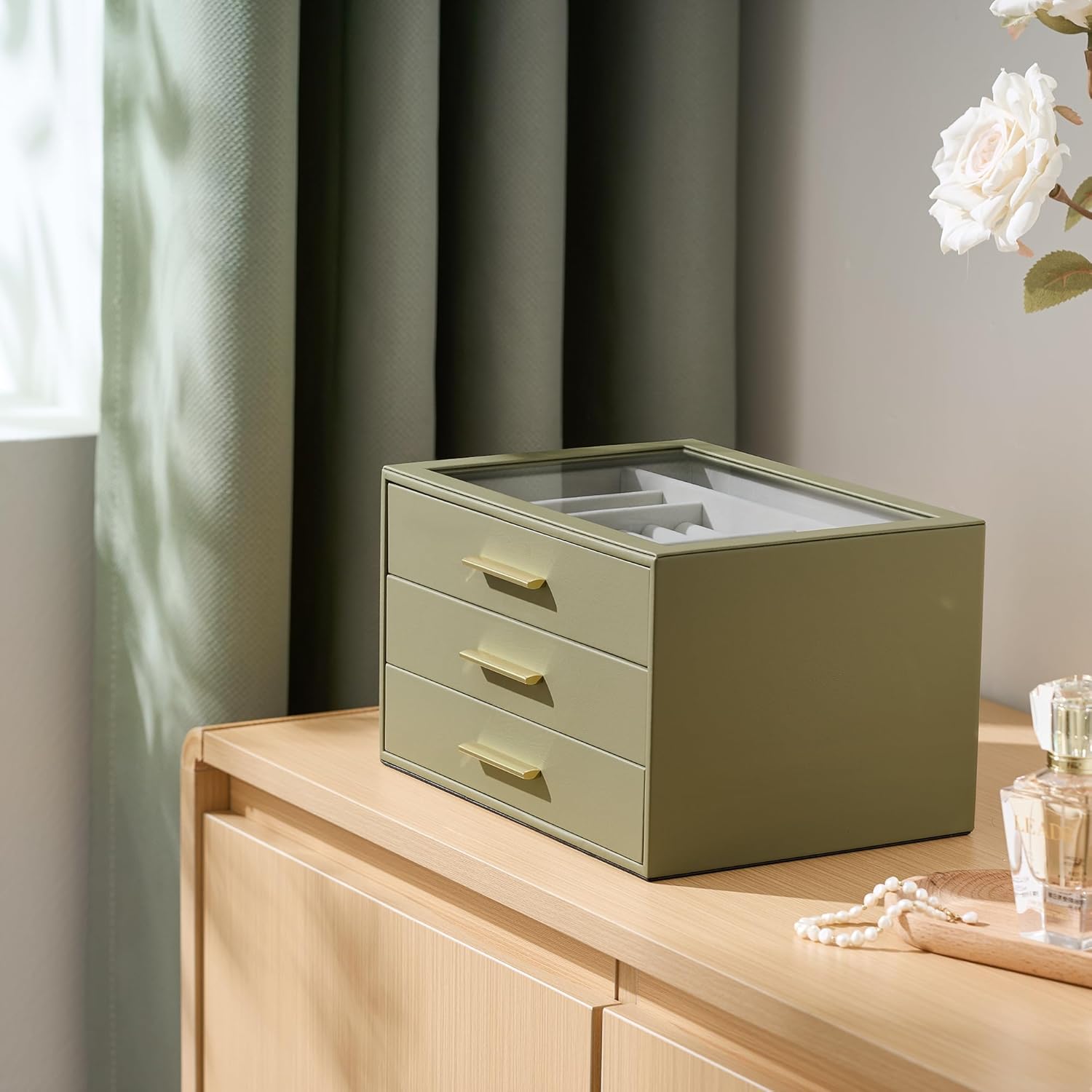 Jewelry Box Organizer Case for Women: 3-Layer Jewelry Storage Case with Glass Window, Olive Green Leather with Cream Velvet, Holder for Ring Necklace Bracelet Brooch Watch, Great Gift for Her