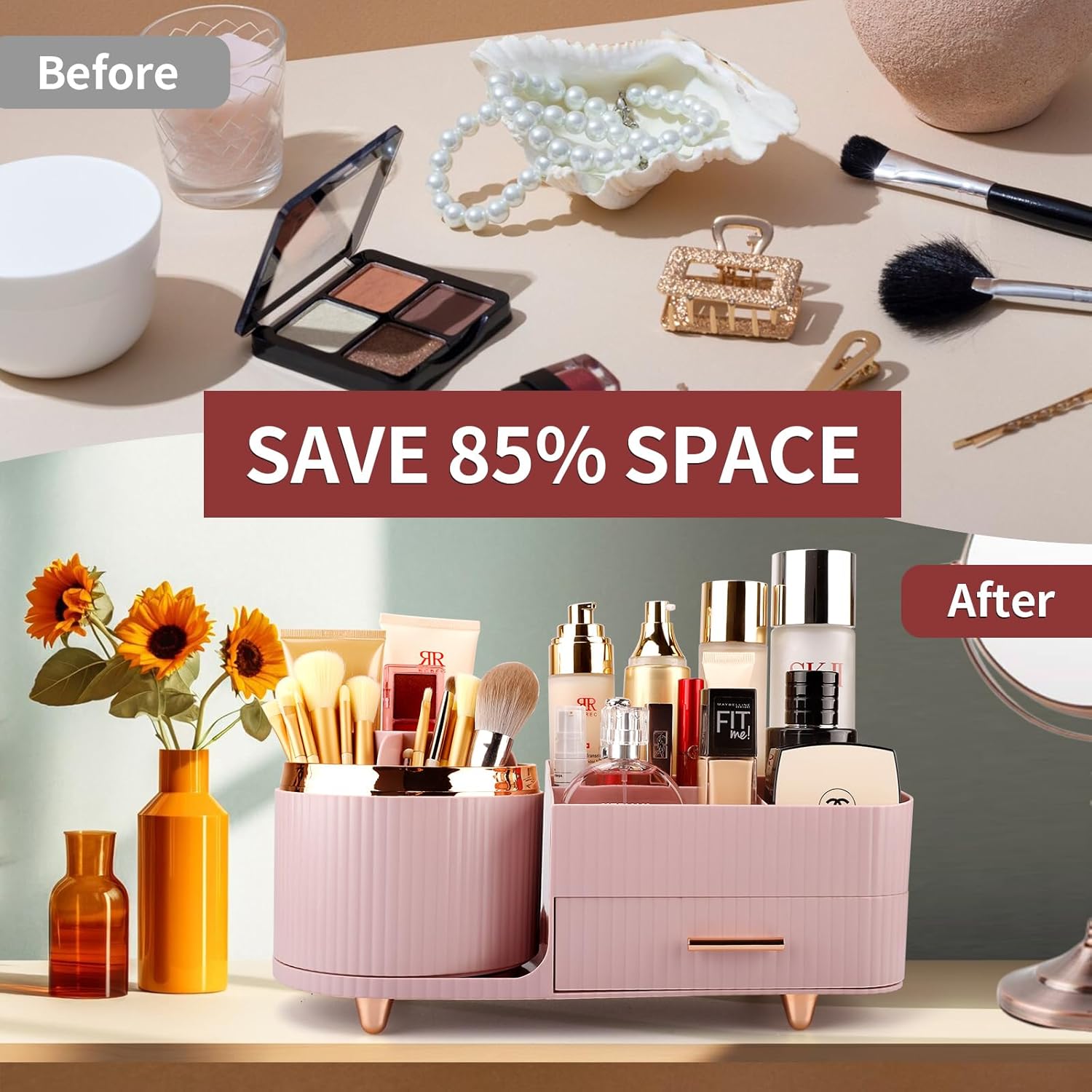 Makeup Organizer for Vanity, Cosmetic Display Case with Drawers, Fits Makeup, Skincare Products, Brushes, Lipsticks, and Other Accessories, Versatile Storage Solution (Pink)