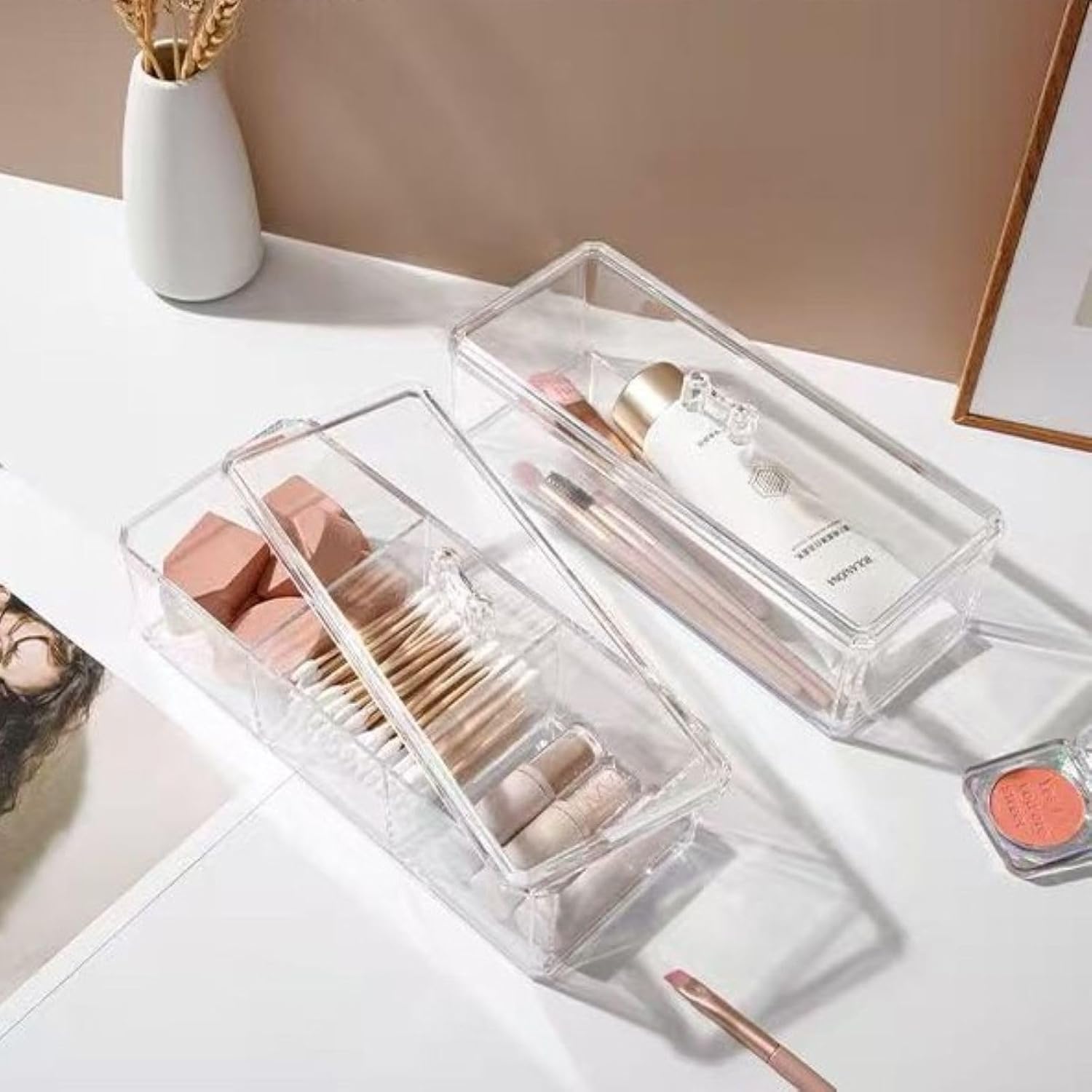 Hair Accessories Organizer for Girls, Clear Acrylic Hair Tie Organizer for Headband, bows, Hair Clip, Cotton Swab Organization, Hair Clip Holder, no Compartments Storage with Lid