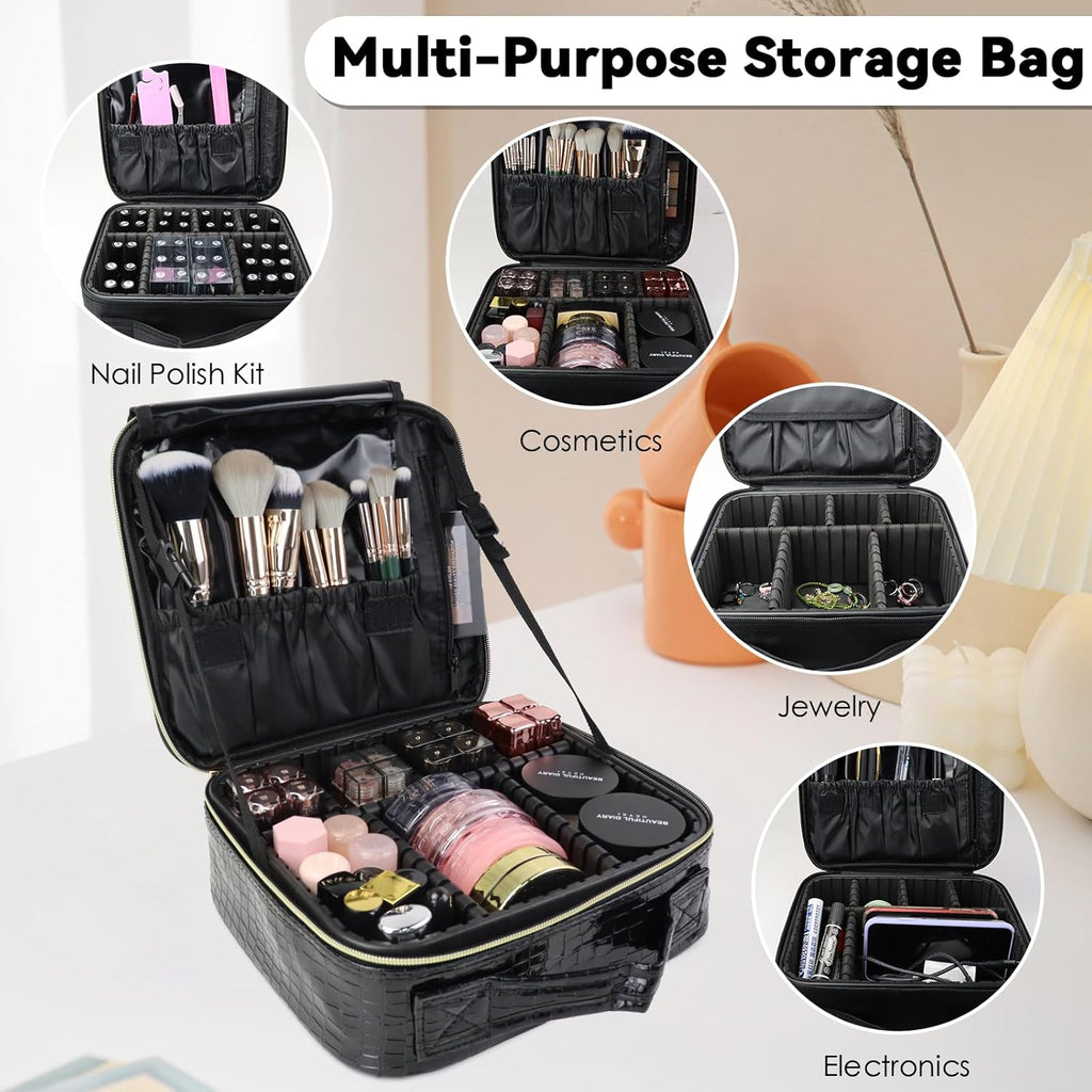 Travel Makeup Bag Makeup Cosmetic Train Case Organizer Portable Storage Bag with Adjustable Dividers for Cosmetics Makeup Brushes Toiletry Jewelry Black Crocodile Pattern