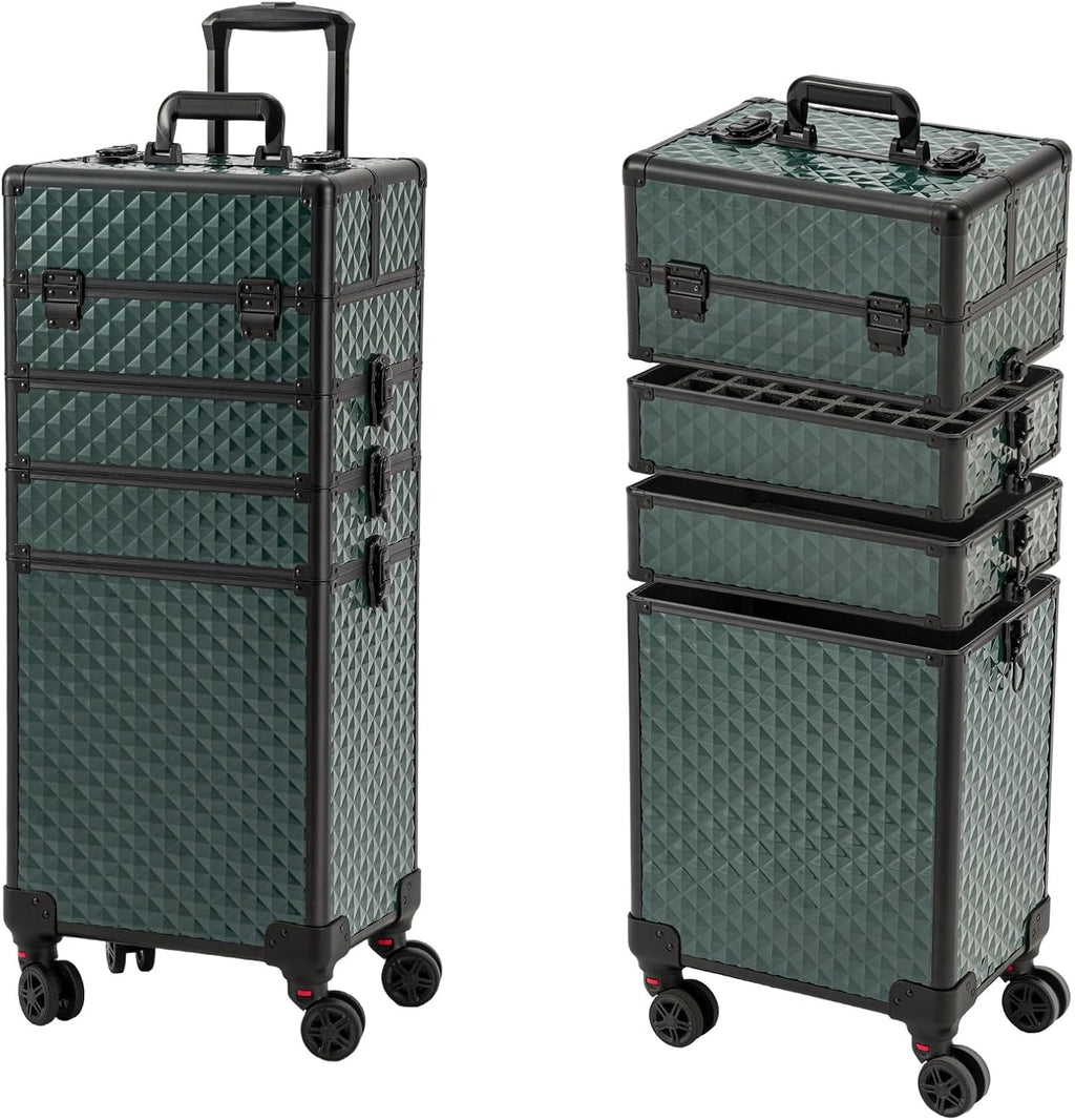 Leeora&Leekoo Portable Multi-Storey Nail Case for Nail Tech Organizer - Wheels Makeup Case Organizer, Cosmetic Case, Makeup Train Case, Make Up Case (Dark Green)