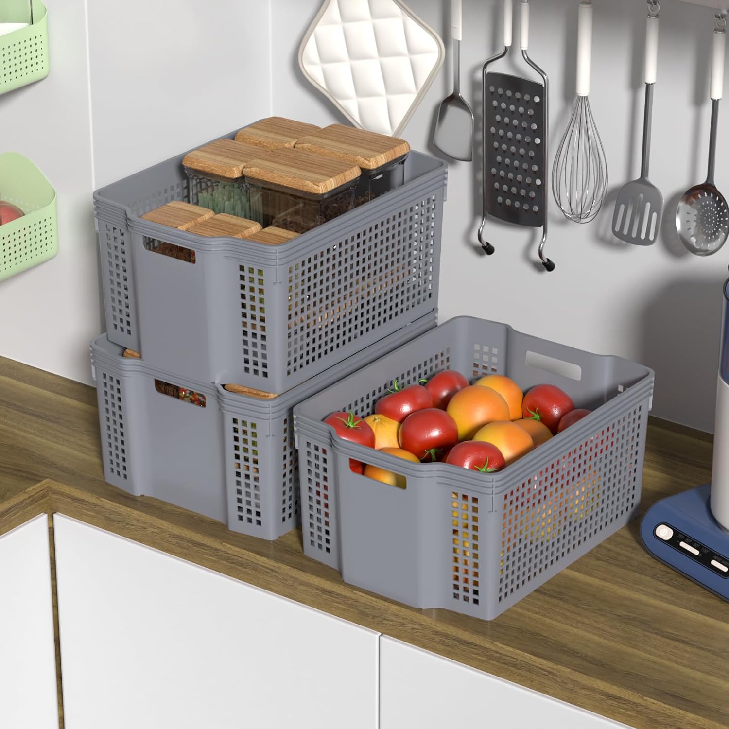 12-Pack Large Plastic Storage Baskets, Deep Stacking Storage Basket Bin, Open Cupboard Basket for Pantry, Grey