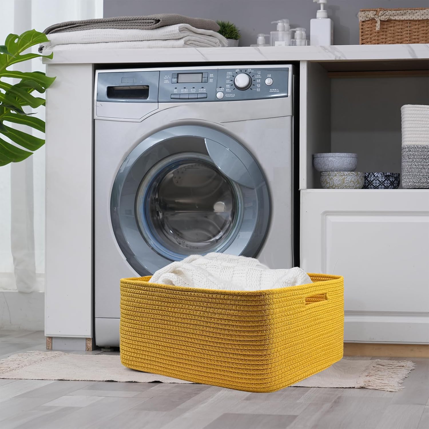 COMFY-HOMI 2 pcs Large Storage Baskets for Shelves, Laundry Basket, Woven Rope Basket, Closet Organizer Bins for Clothes Blanket Towels, Baby Nursery, Gift Toy Baskets, 17” x 13” x 7.5”-Yellow