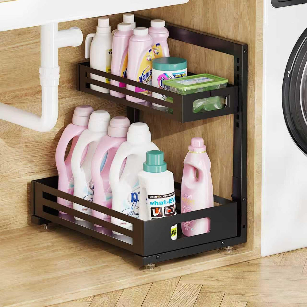 1 Pack Under Sink Organizer,Pull Out Cabinet Organizer with Smooth Cylindrical Rail,Metal Slide Out Drawer for Kitchen Bathroom Laundry Cabinet,8-Level Tool Free Height Adjustable-Black