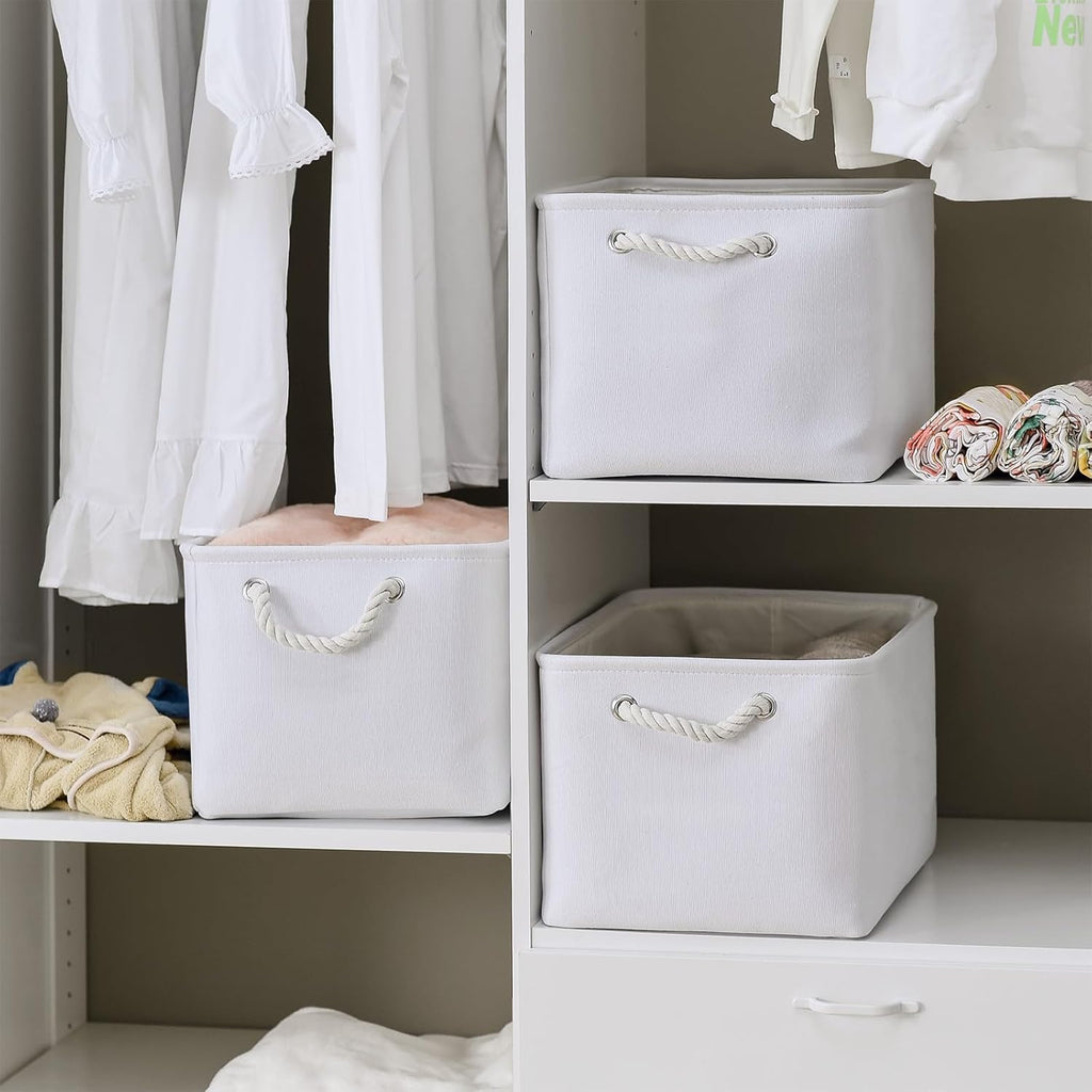 TheWarmHome Storage Basket for Shelves - 15.8x11.8x11.8 inch 3 Pack Fabric Storage Cubes, Collapsible Storage Bin for Organizing Organizer Closet Book Gift Dog(White)