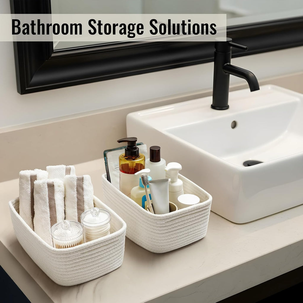 8 Pack Small Storage Baskets for Organizing, Woven Rope Bins for Bathroom, Closet, Shelf Organizer, Cute Cube Decorative Box for Towels, Baby Nursery, Toys, Gift Empty Baskets - 11.5"x7.5"x4.7"-White