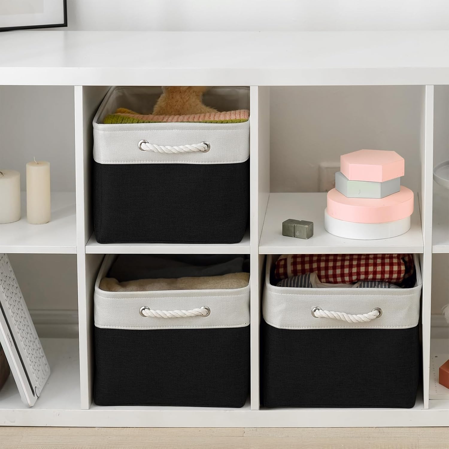 TheWarmHome Organization and Storage Basket for Organizing - Jumbo 3 Pack 17.7x13.8x9.7 inch Fabric Storage Cubes for Closet Gifts Organizer Empty Book (White & Black)