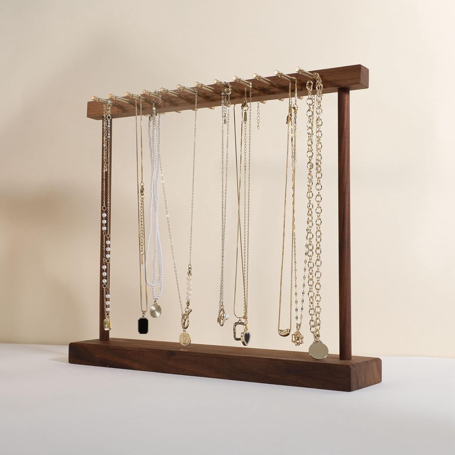 GemeShou Medium necklace hanger shelf with 12 copper bars, Wooden jewelry storage organizer rack for hanger necklace bracelet, necklace display stand for boutique store【Walnut】