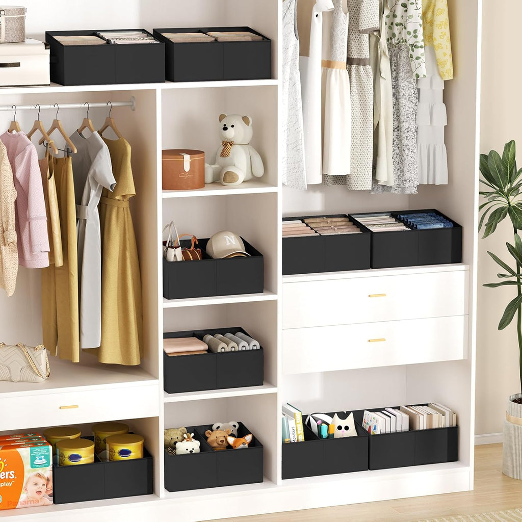 DIMJ Large Closet Shelf Organizer Bins 8 Packs with Handles and Divider, Fabric Trapezoid Storage Baskets, Foldable Clothes Containers Box for Shelf, Towel, Book, Toy, Purse, Hats, Black
