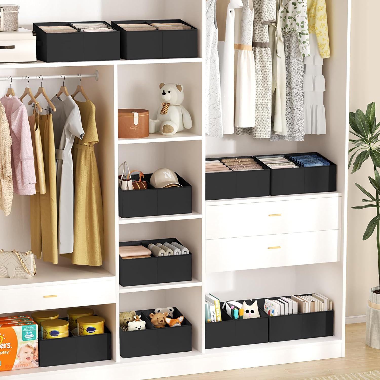 DIMJ Large Closet Shelf Organizer Bins 8 Packs with Handles and Divider, Fabric Trapezoid Storage Baskets, Foldable Clothes Containers Box for Shelf, Towel, Book, Toy, Purse, Hats, Black