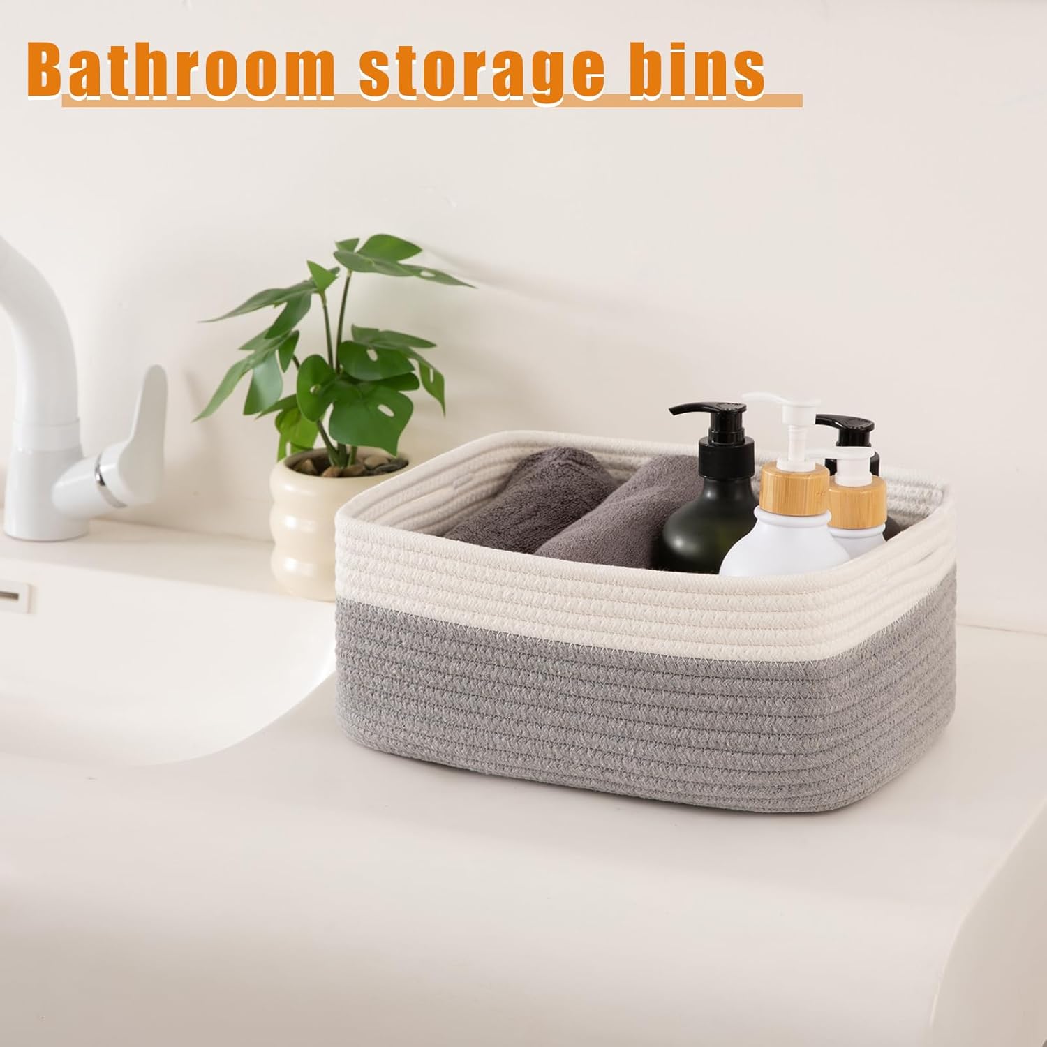 OIAHOMY 4 Pack Storage Baskets for Organizing, Small Bins for Shelves, Cute Decorative Storage Bins, Organizer Baskets for Gifts Empty, 13.8''Lx9.8''Wx5.5''H, Grey/White