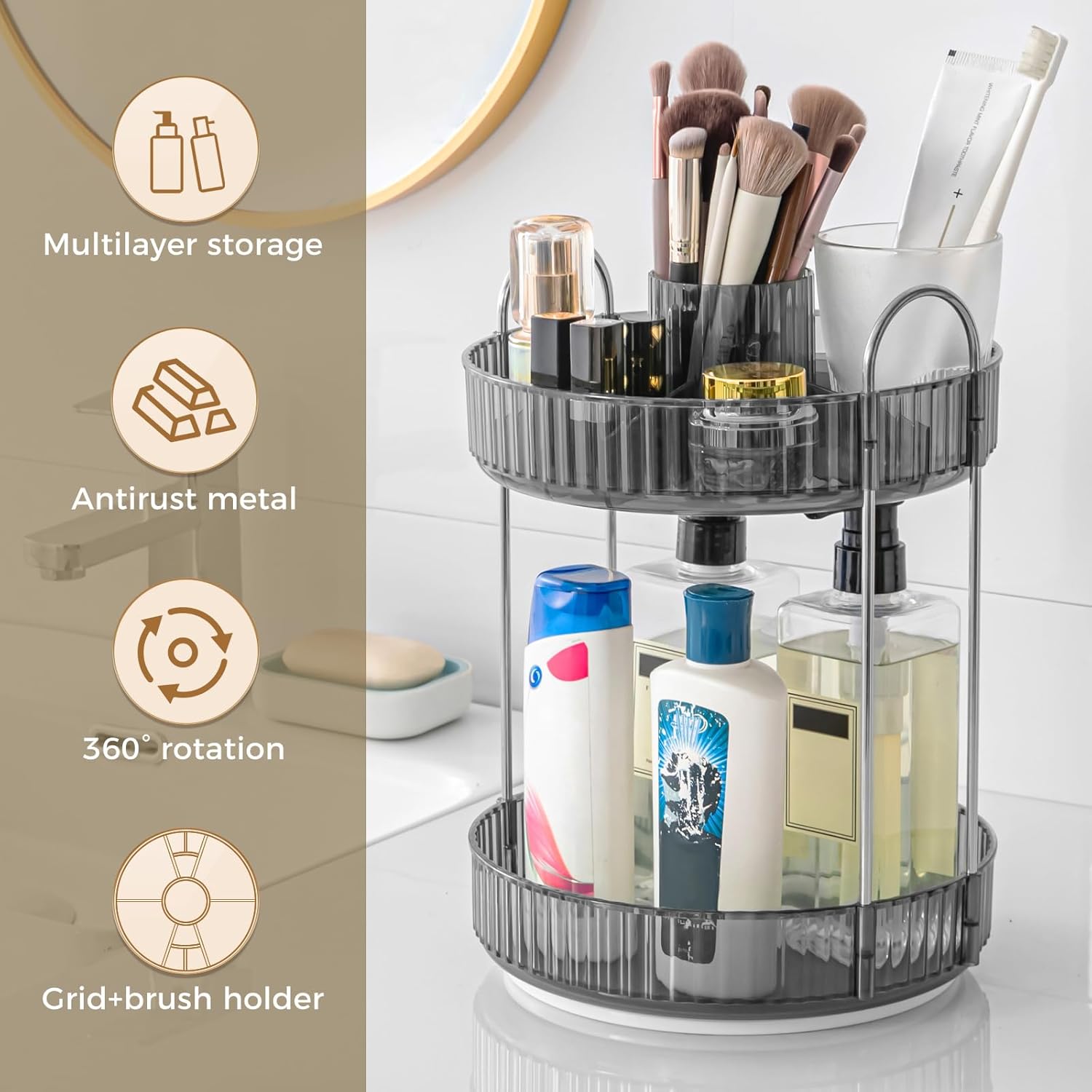 360° Rotating Makeup Organizer, Upgraded 2 Tier Skincare Perfume Organizers for Women, Bathroom Organizer Countertop, Clear Cosmetic Dresser Organizer with Makeup Brush Holder, Sink&Counter(Grey)