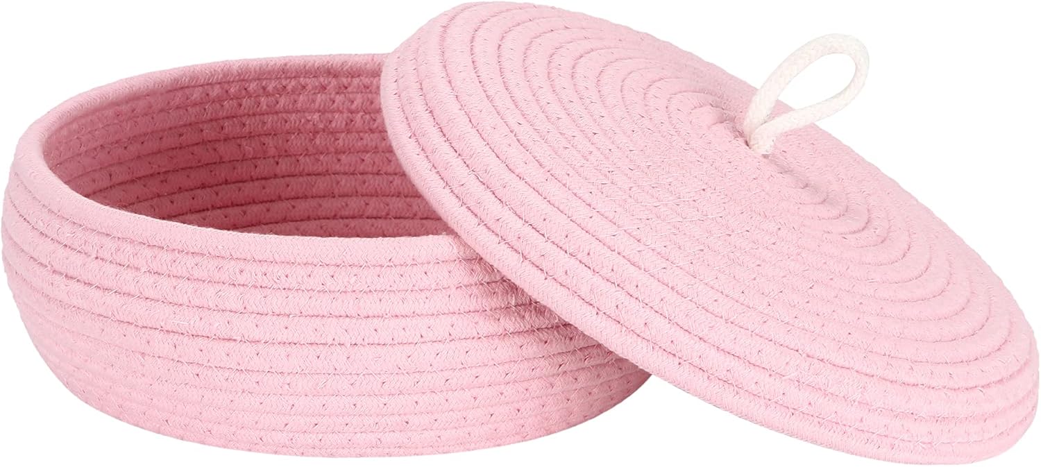 Sea Team Round Cotton Rope Storage Basket with Lid, Decorative Woven Storage Bin, Pot, Caddy, Organizer, Container for Snacks, Towels, Plants, 10 x 4.5 Inches (Small, Shallow, Pink)