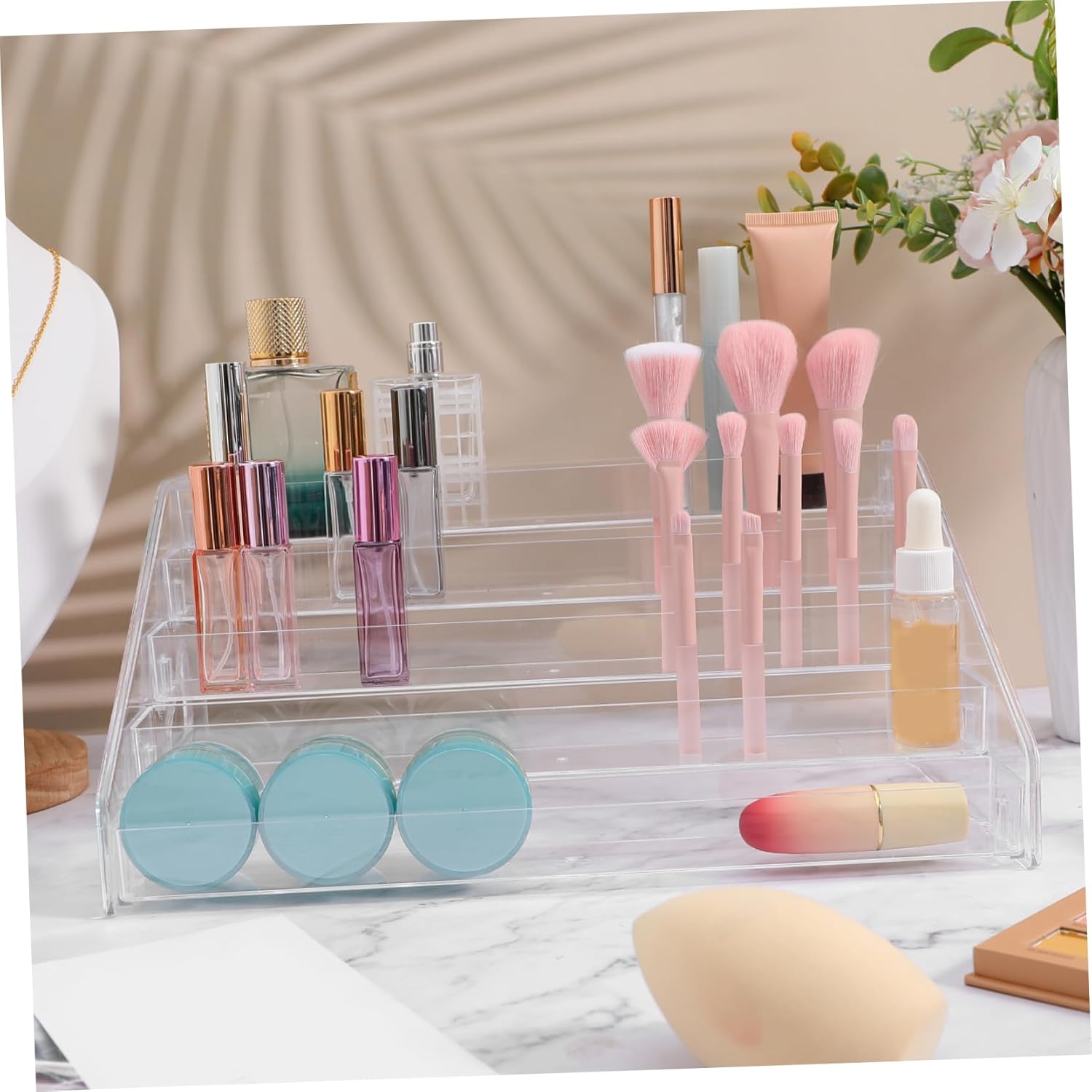 Acrylic Makeup Organizer Multi Layer Display Stand for Eyeshadow Palette Nail Polish and Perfume Storage Space Saving Design with Handles for Durable and Versatile Cosmetic Display