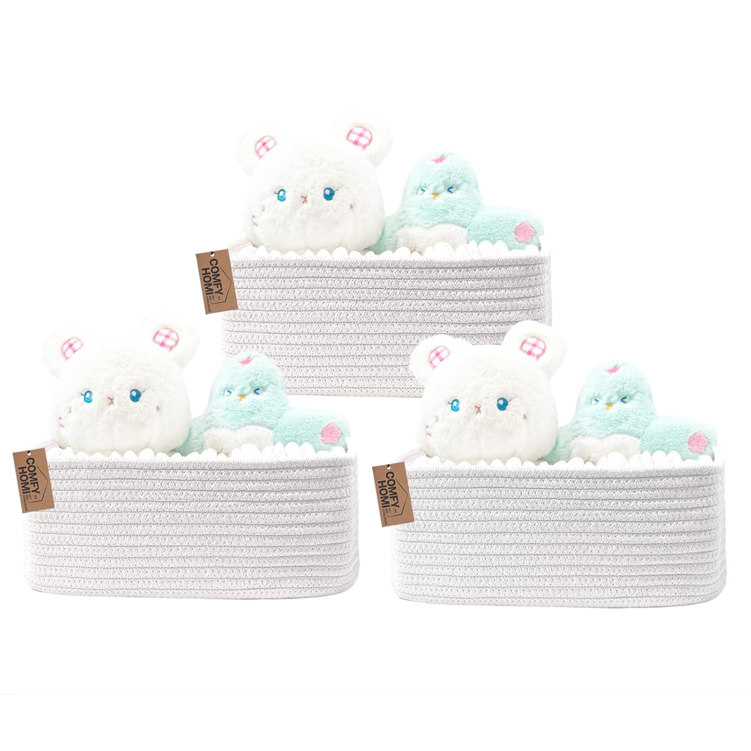 COMFY-HOMI 13" x 8.5" x 5.1" Storage Baskets for Organizing | Cotton Rope Woven Basket | Toy Storage Bin Box | Basket for Shelves, Closet Organizer Bin, Decorative Closet Shelf, 3 Pack, White