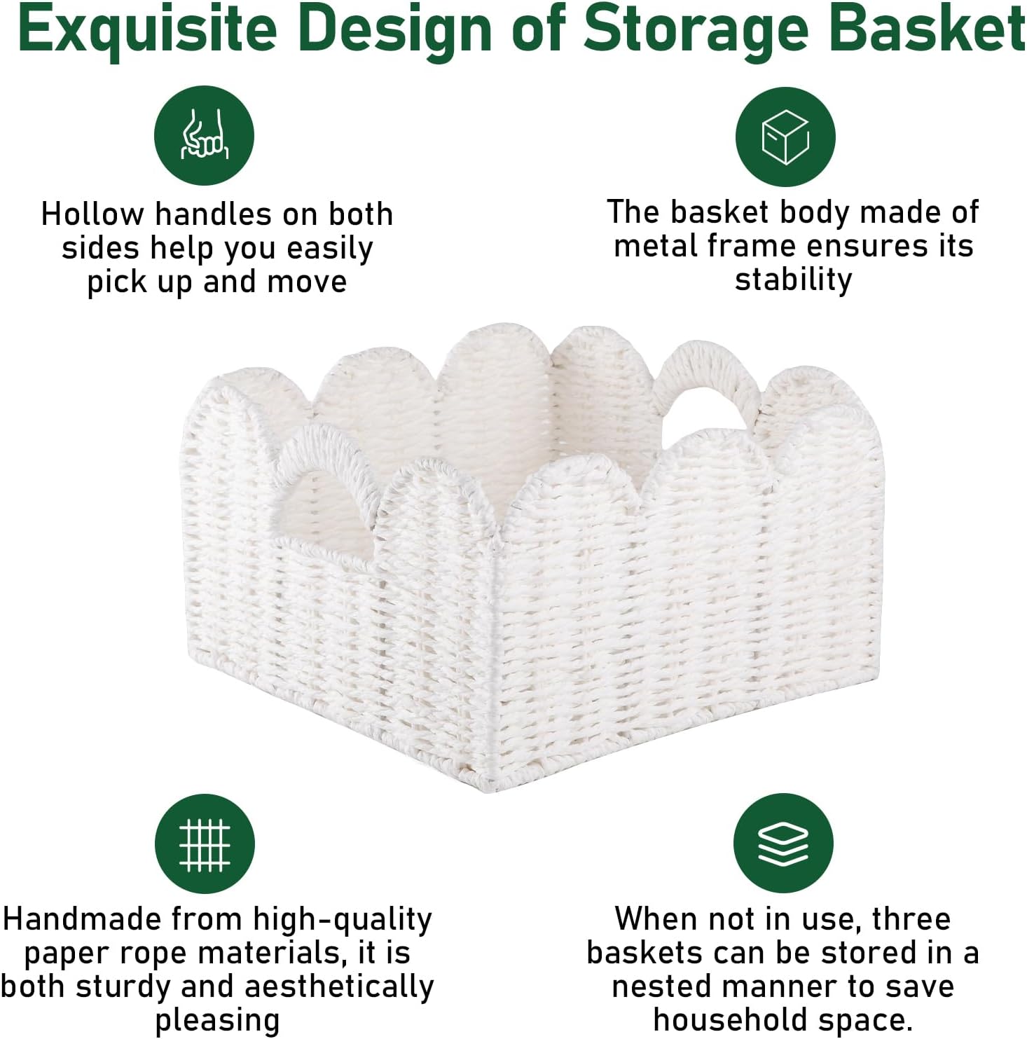 OIAHOMY Scalloped Wicker Baskets, Hand-woven Storage Baskets with Built-in Handles, Paper Rope Shelf Baskets for Organizing and Decoration, Set of 3-White