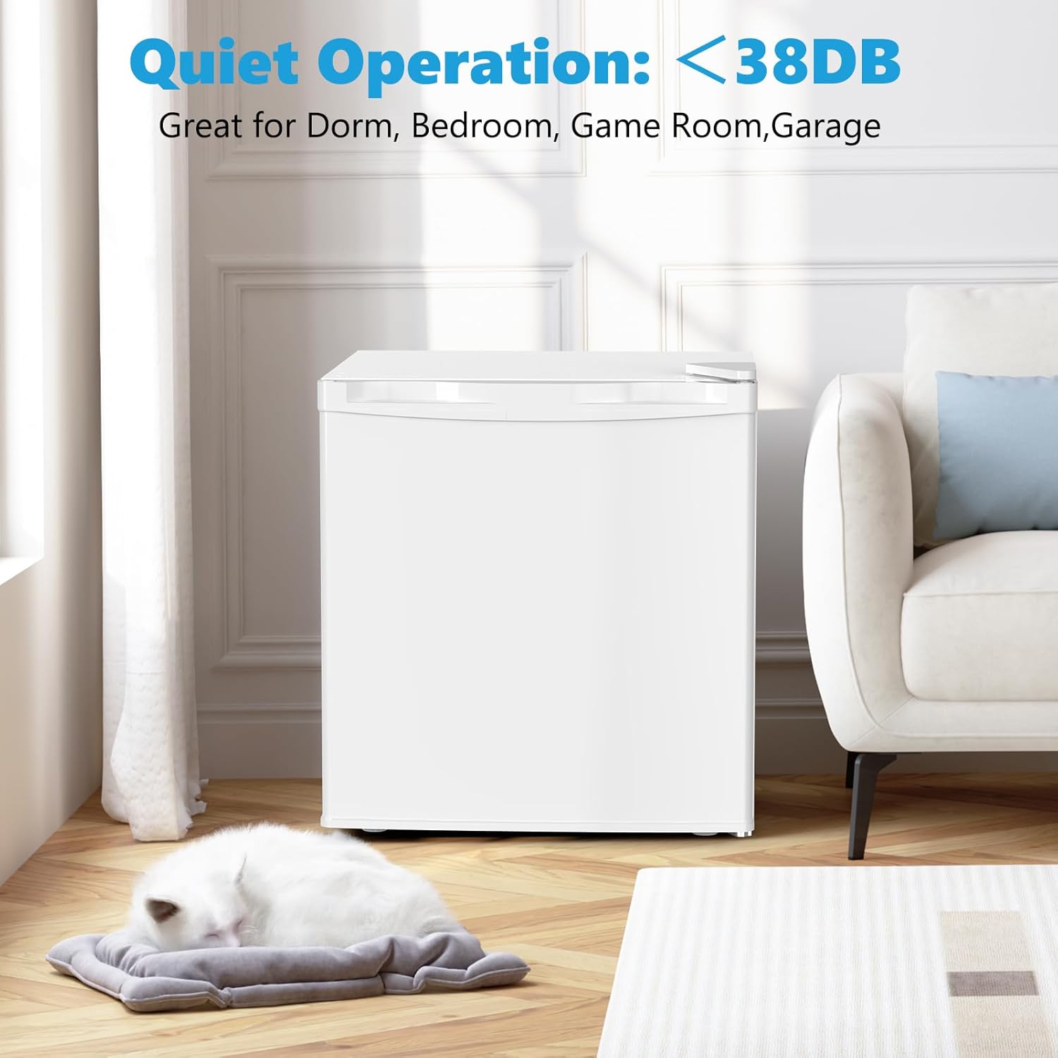 1.6 Cu.ft Mini Fridge with Freezer, Compact Refrigerator, Single Reversible Door, Ultra Quiet, Energy Efficient for Office, Dorm, Bedroom, Apartment, White