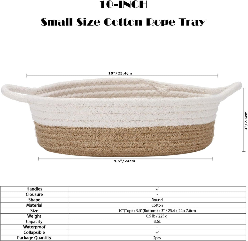 Sea Team 2-Pack Cotton Rope Baskets, 10 x 3 Inches Small Woven Storage Basket, Fabric Tray, Bowl, Round Open Dish for Fruits, Jewelry, Keys, Sewing Kits (Flaxen & White)