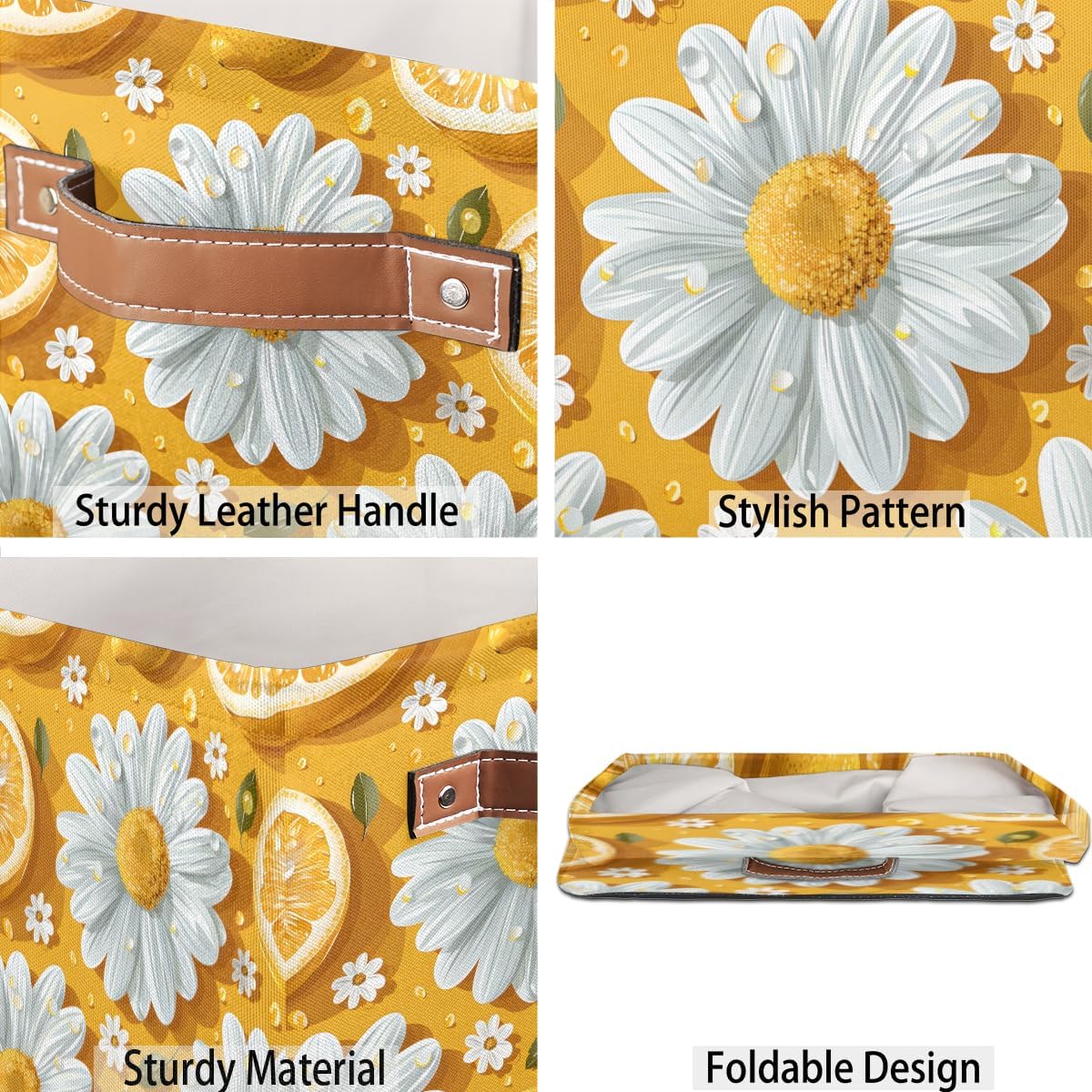 TropicalLife 13x13x13 Inch Large Fabric Storage Cube Lemon Daisy Foldable Storage Bin with Handles Organizer Boxes Cube Basket for Shelves Organizing Closet