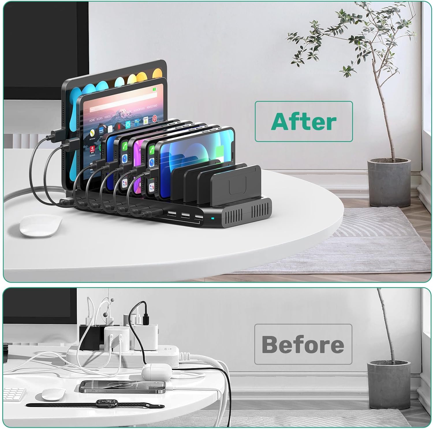 10-Port Multi Charging Station, 60W USB Tablet Charging Station for Multiple Devices, USB Charging Dock Multi Device Charger Organizer with Adjustable Dividers for Tablets, Smartphones