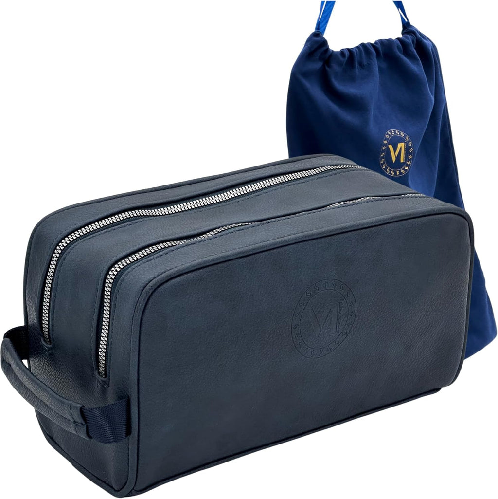 Dopp Gift Large Travel Toiletry Bag Premium Quality PU Leather Two compartments YKK Zippers Water-resistant Bottom Studs Mesh Pockets Durable Cosmetic Organizer NAVY BLUE